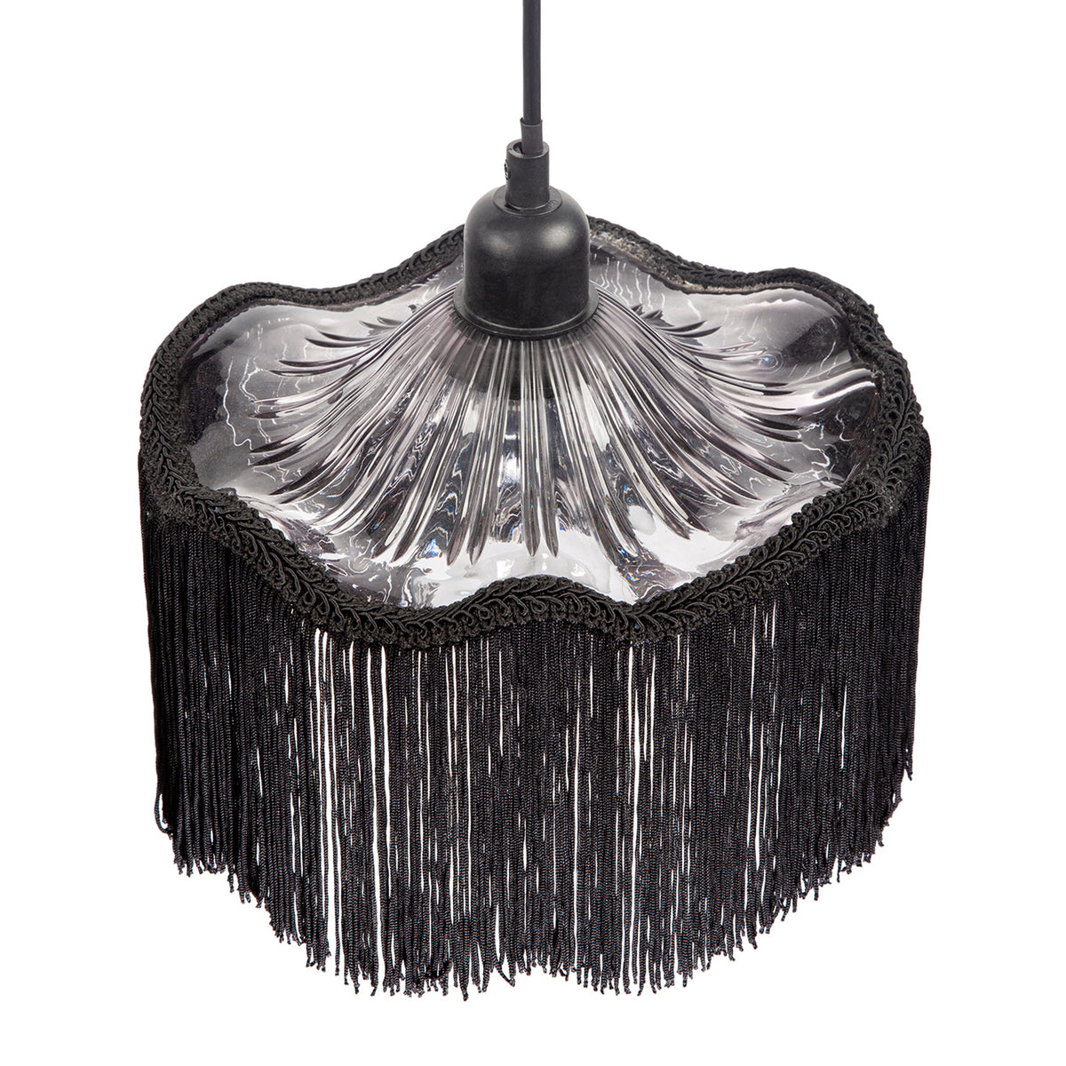 Striking Black Fringed Smoked Glass Pendant Shade with Long Tassels Image 4
