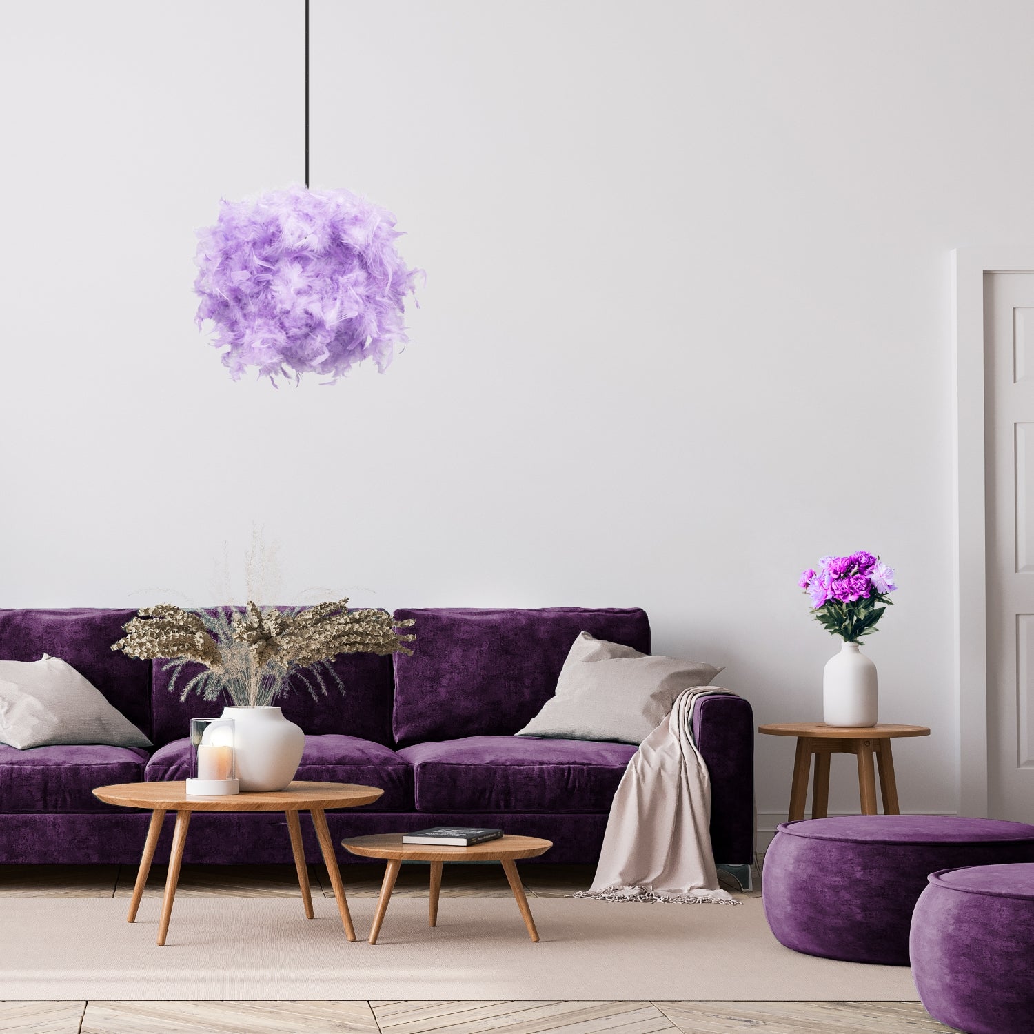 Contemporary and Unique Large Lilac Real Feather Decorated Pendant Light Shade Image 3