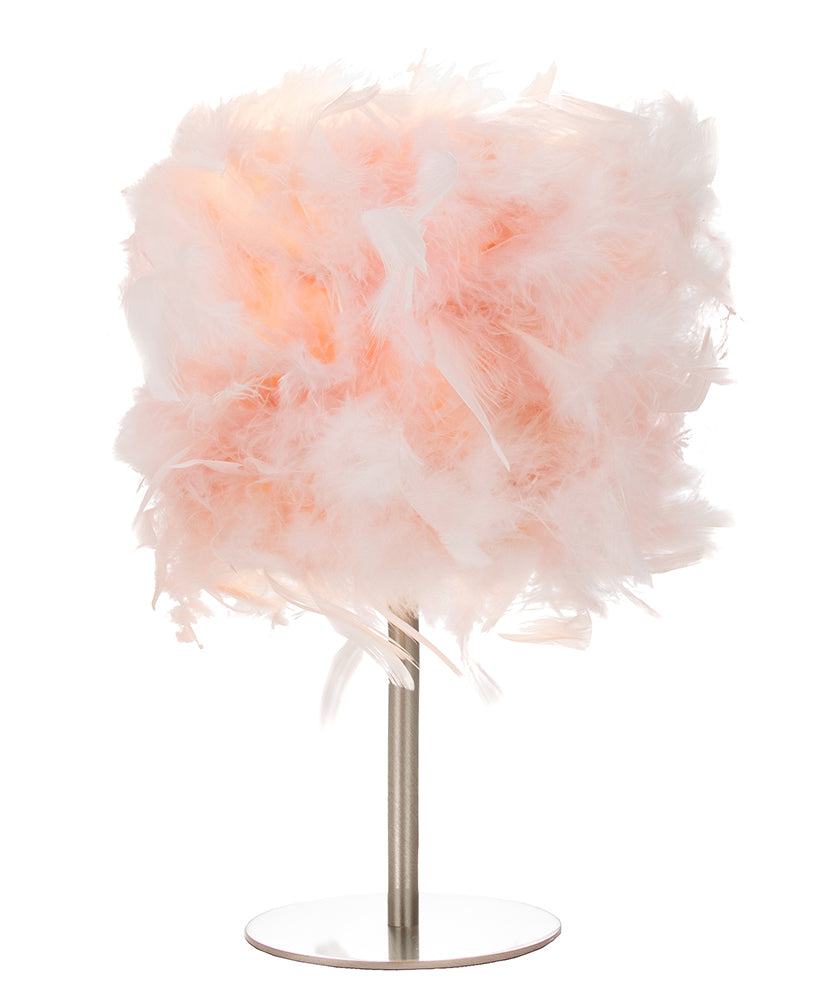 Modern and Chic Real Pink Feather Table Lamp with Satin Nickel Base and Switch Image 2