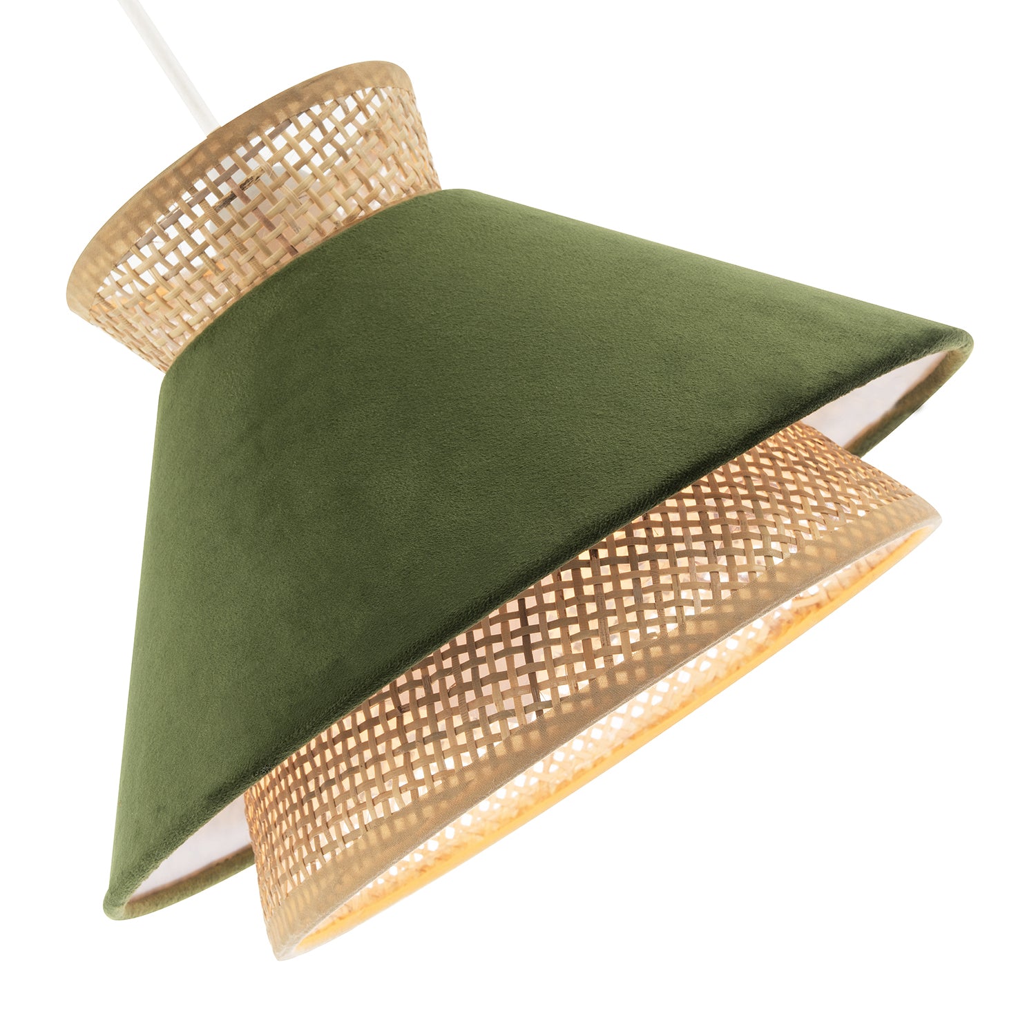 Designer Dark Olive Velvet and Natural Rattan Pendant Lighting Shade Image 4