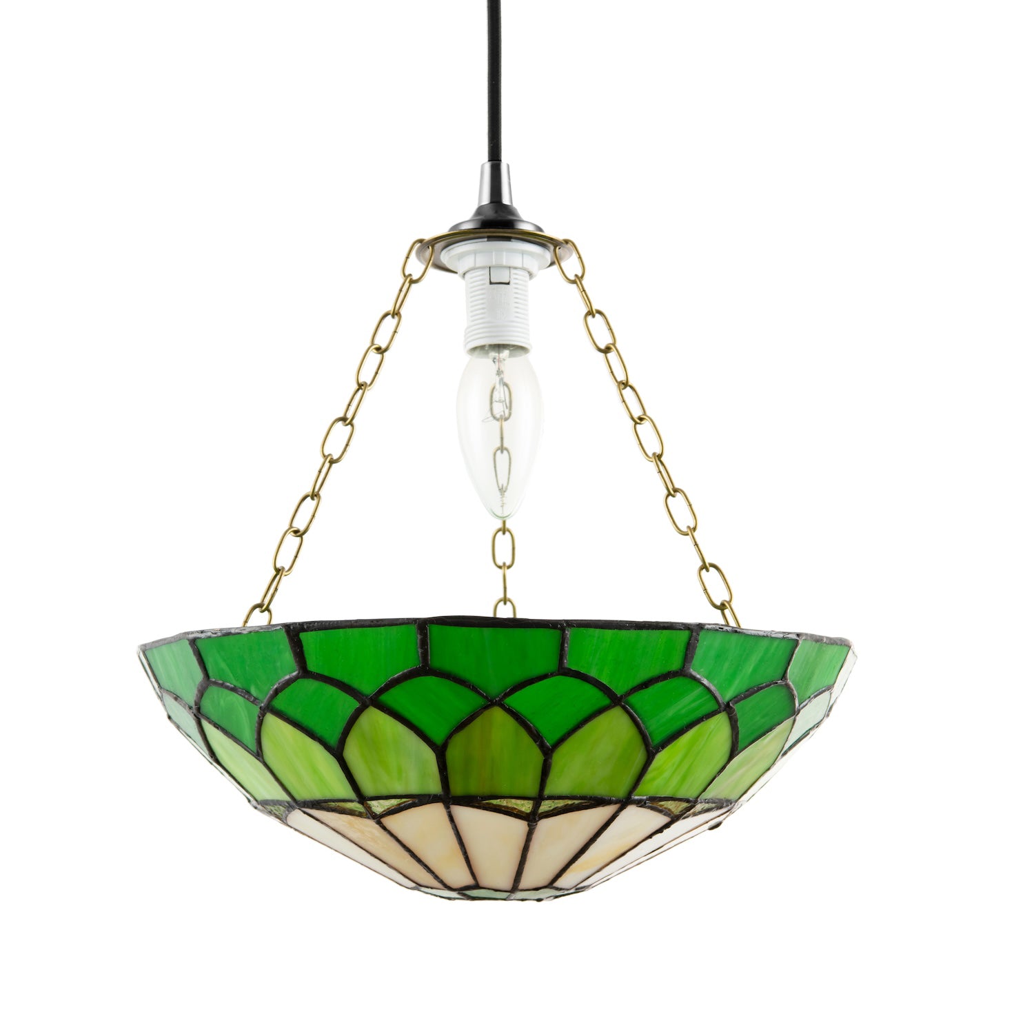 Amber and Green Stained Glass Domed Tiffany Pendant Lamp Shade with Chain Image 1