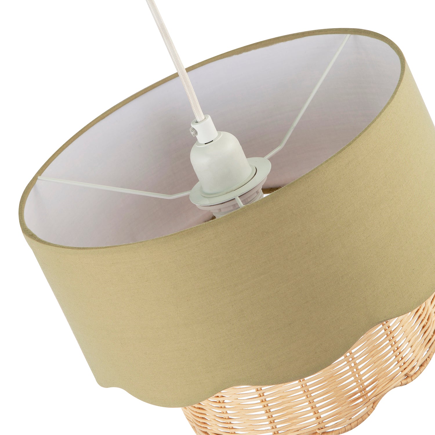 Dark Olive Linen Fabric and Natural Rattan Scallop Pendant Lamp Shade Image 4