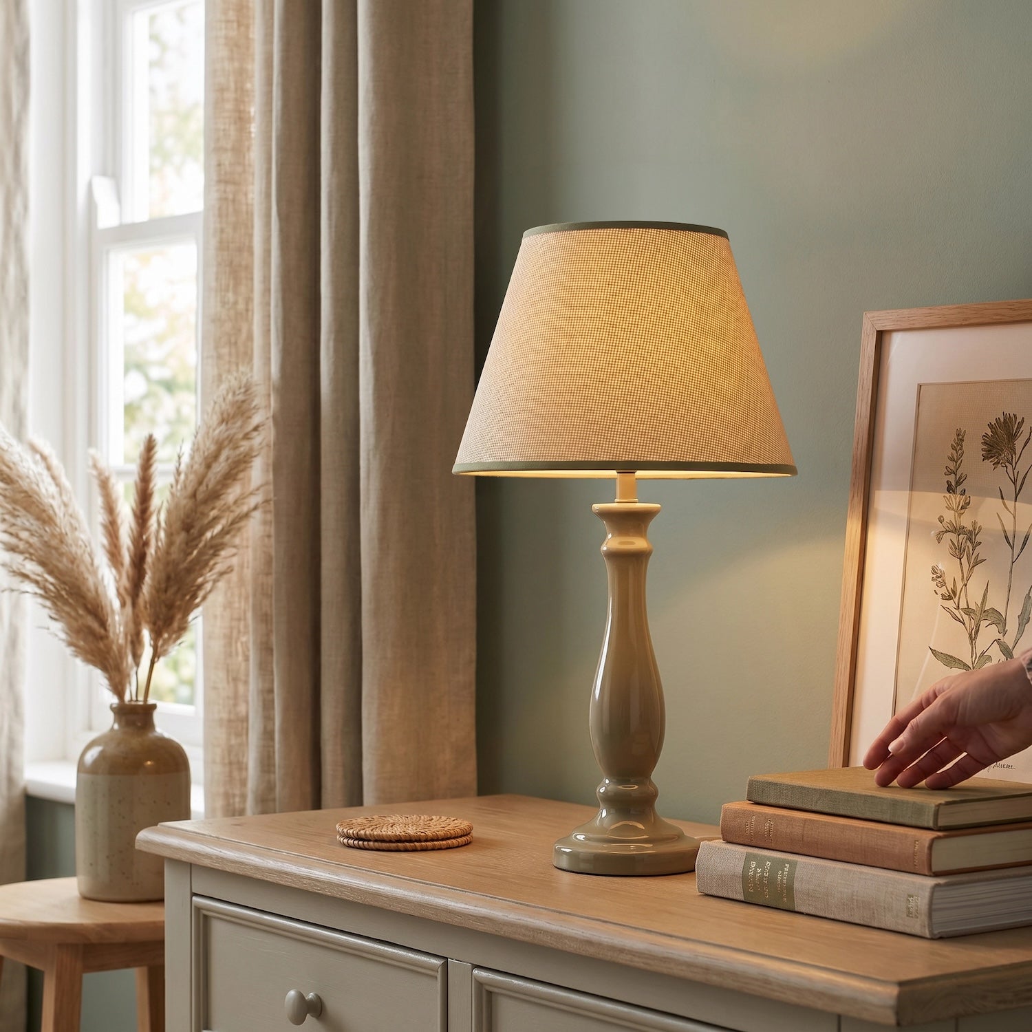 Classic Rattan Tweed Lamp Shade with Olive Green Cotton Fabric Trims Image 6