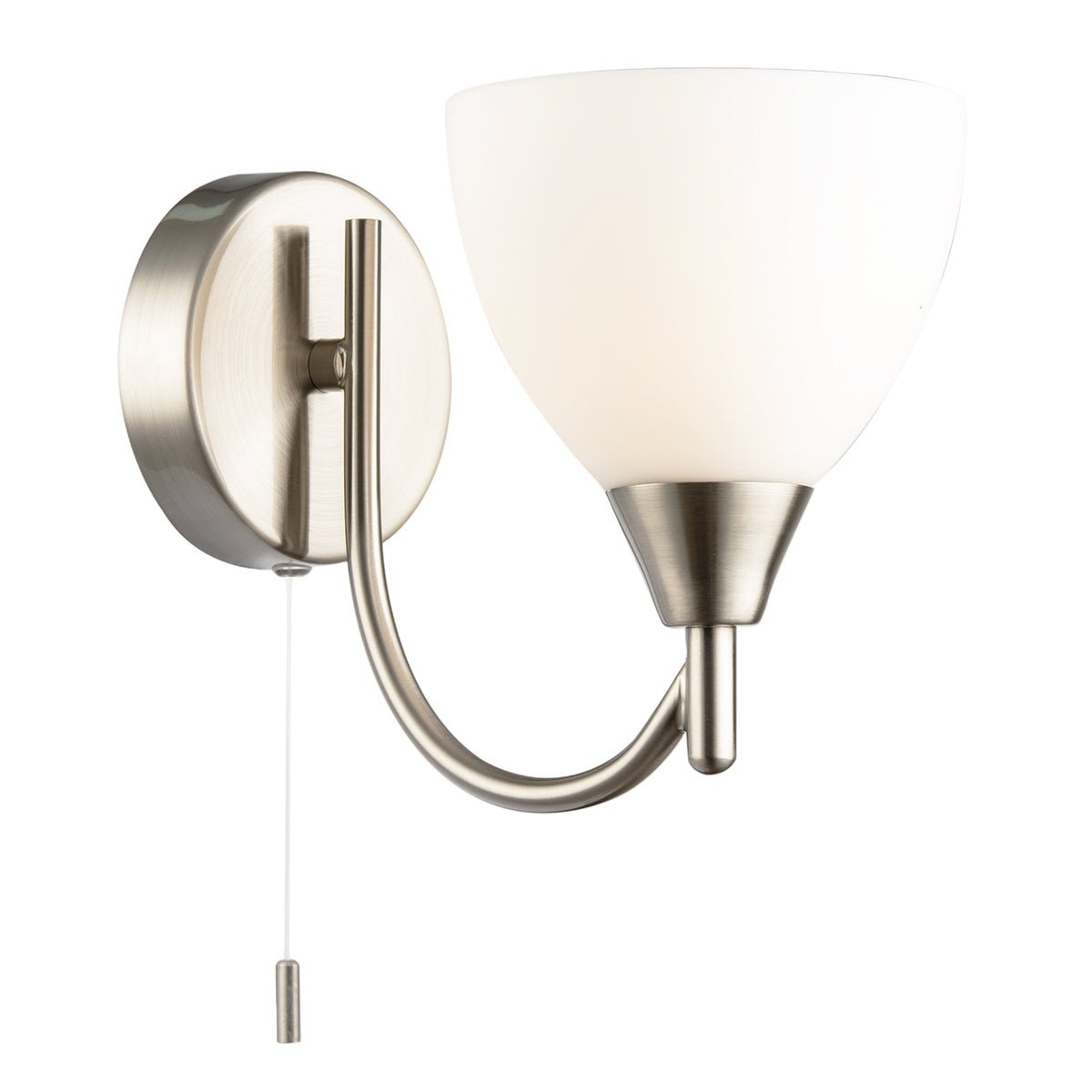 Contemporary Pull Switched Wall Light in Satin Nickel with Glass Shade Image 4