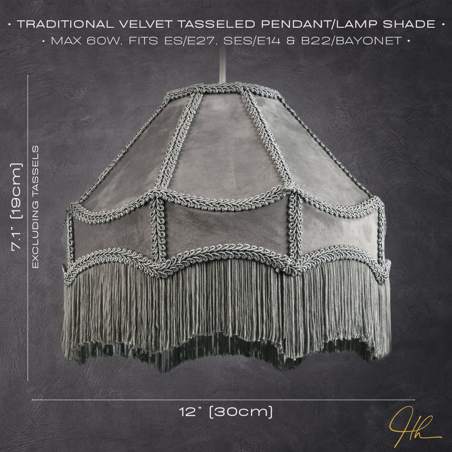 Traditional Victorian Empire Lampshade in Soft Dove Grey Velvet with Tassels Image 7