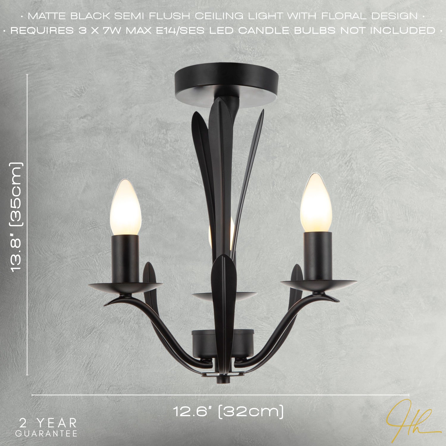 Traditional 3-Arm Ceiling Light in Matte Black with Metal Leaves Image 7