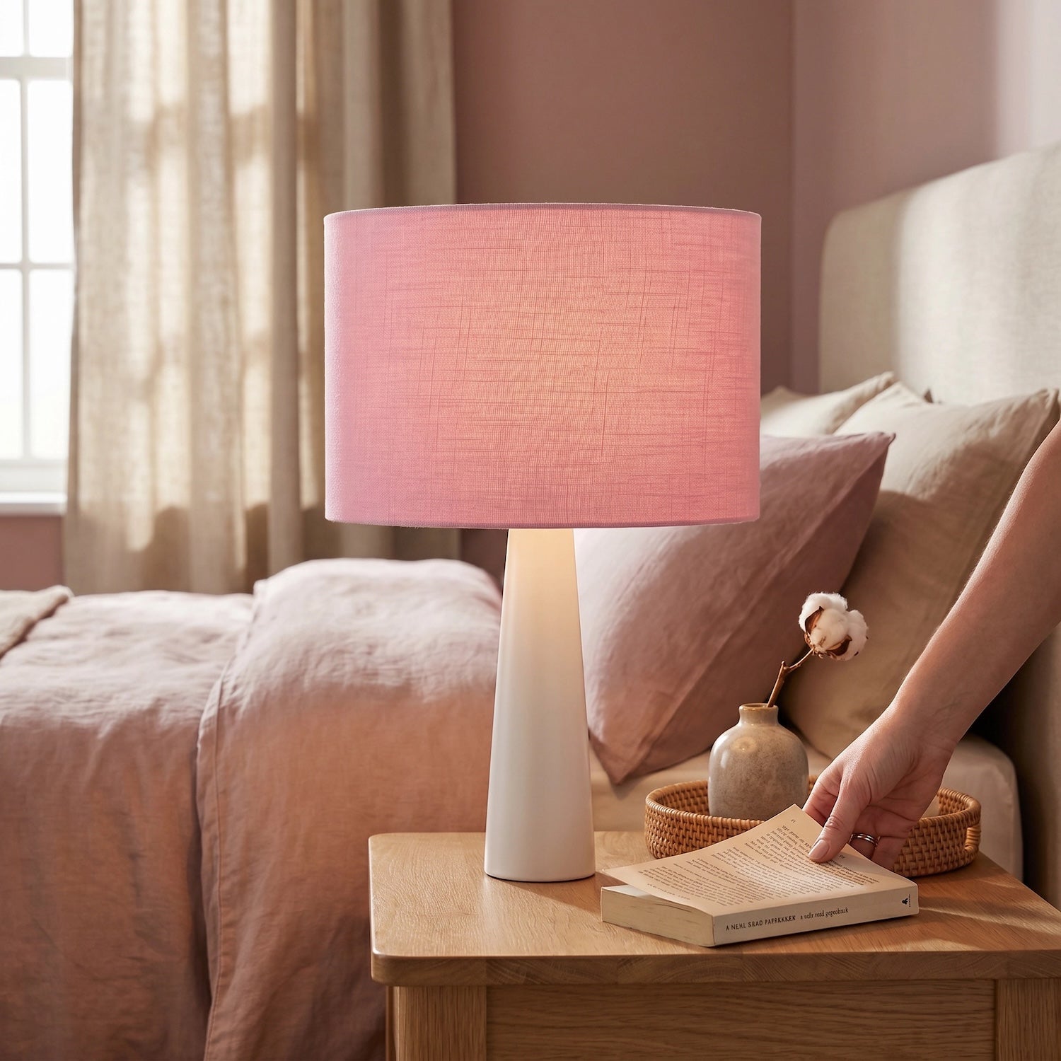 Modern Designer Candy Pink Textured Linen Fabric Circular Lamp Shade Image 6