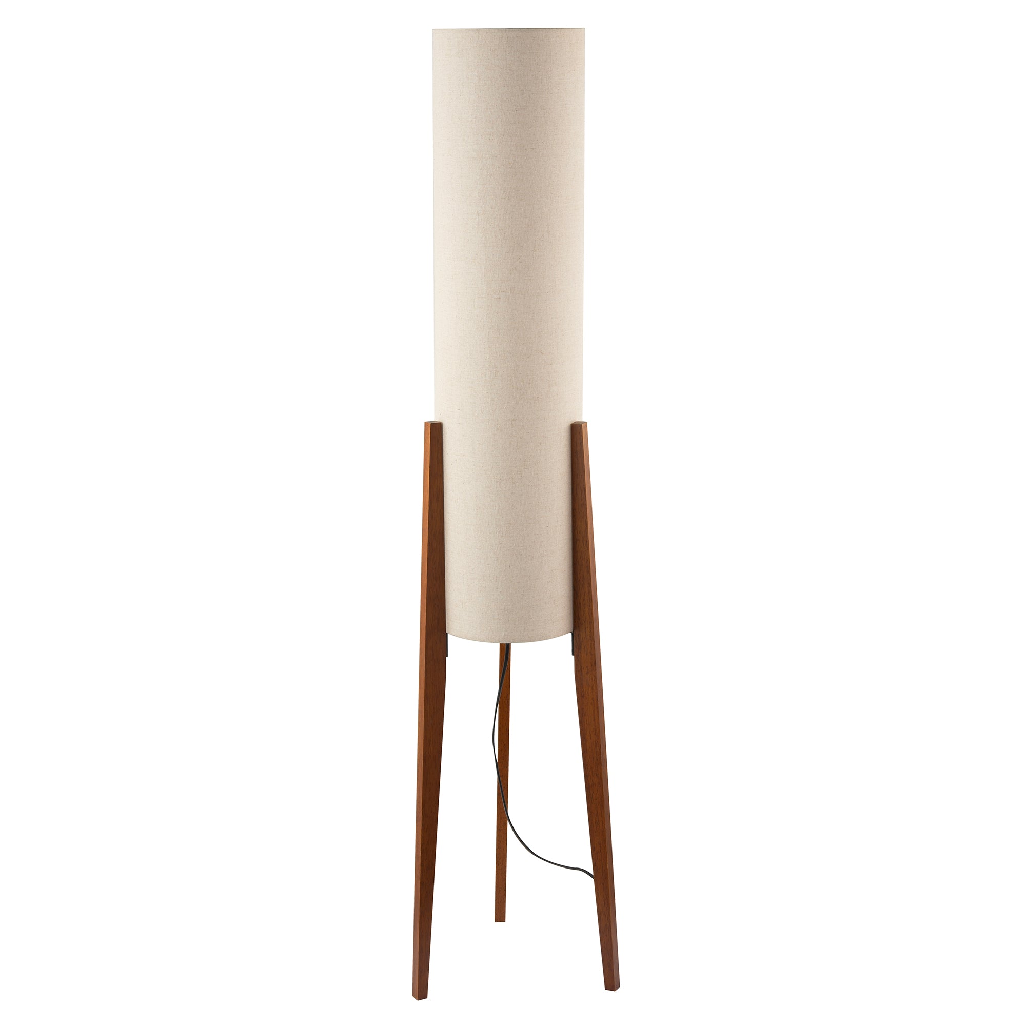 Designer Floor Lamp with Natural Linen Shade and Wooden Tripod Legs Image 1