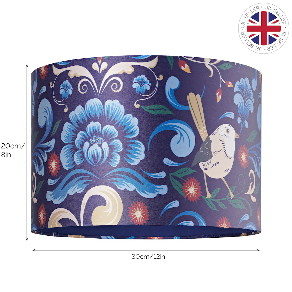 Vivid Floral Midnight Blue Satin Fabric 12" Drum Lamp Shade with Bird Decoration Image 6