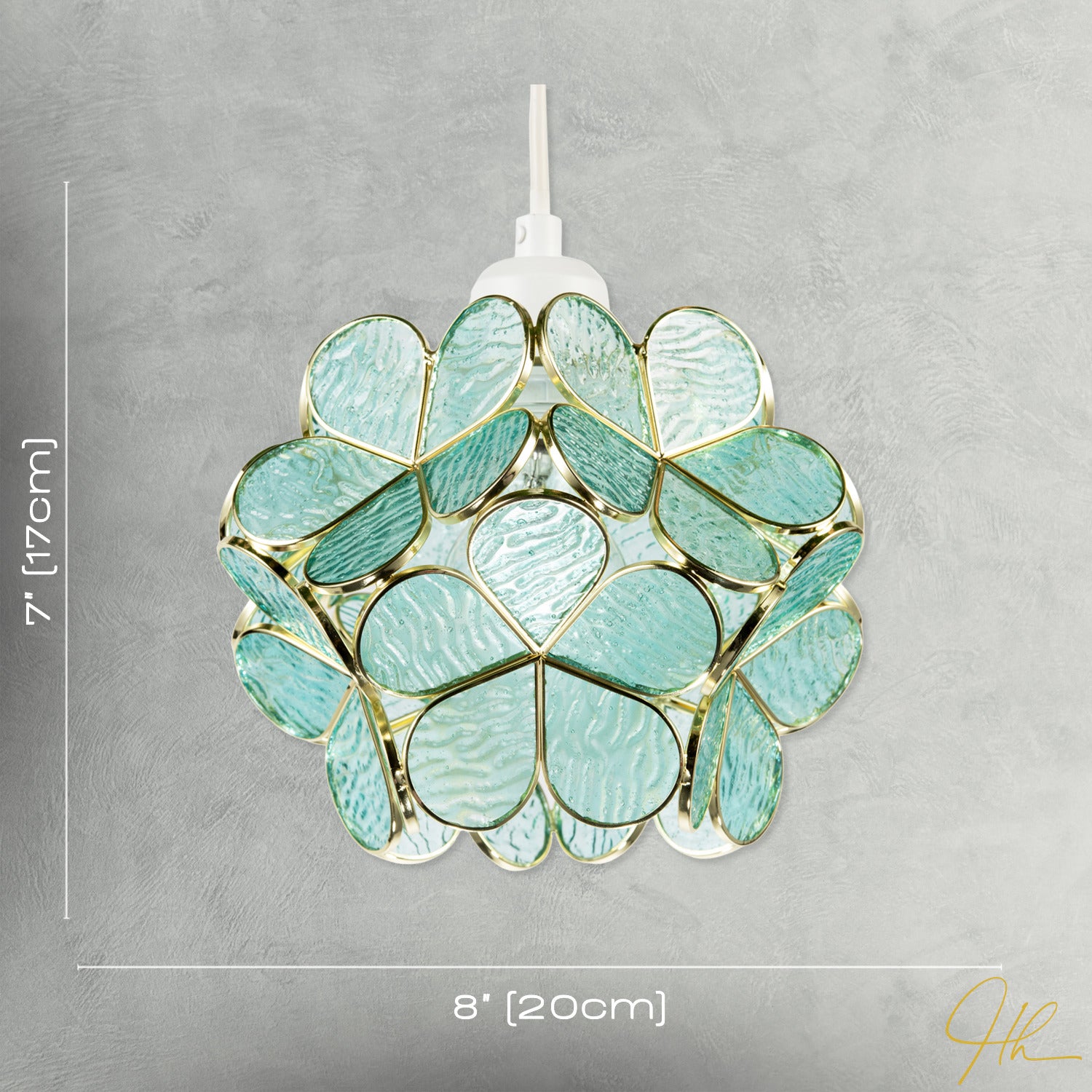 Floral Petal Pendant Light Shade with Teal Glass and Shiny Gold Frame Image 7
