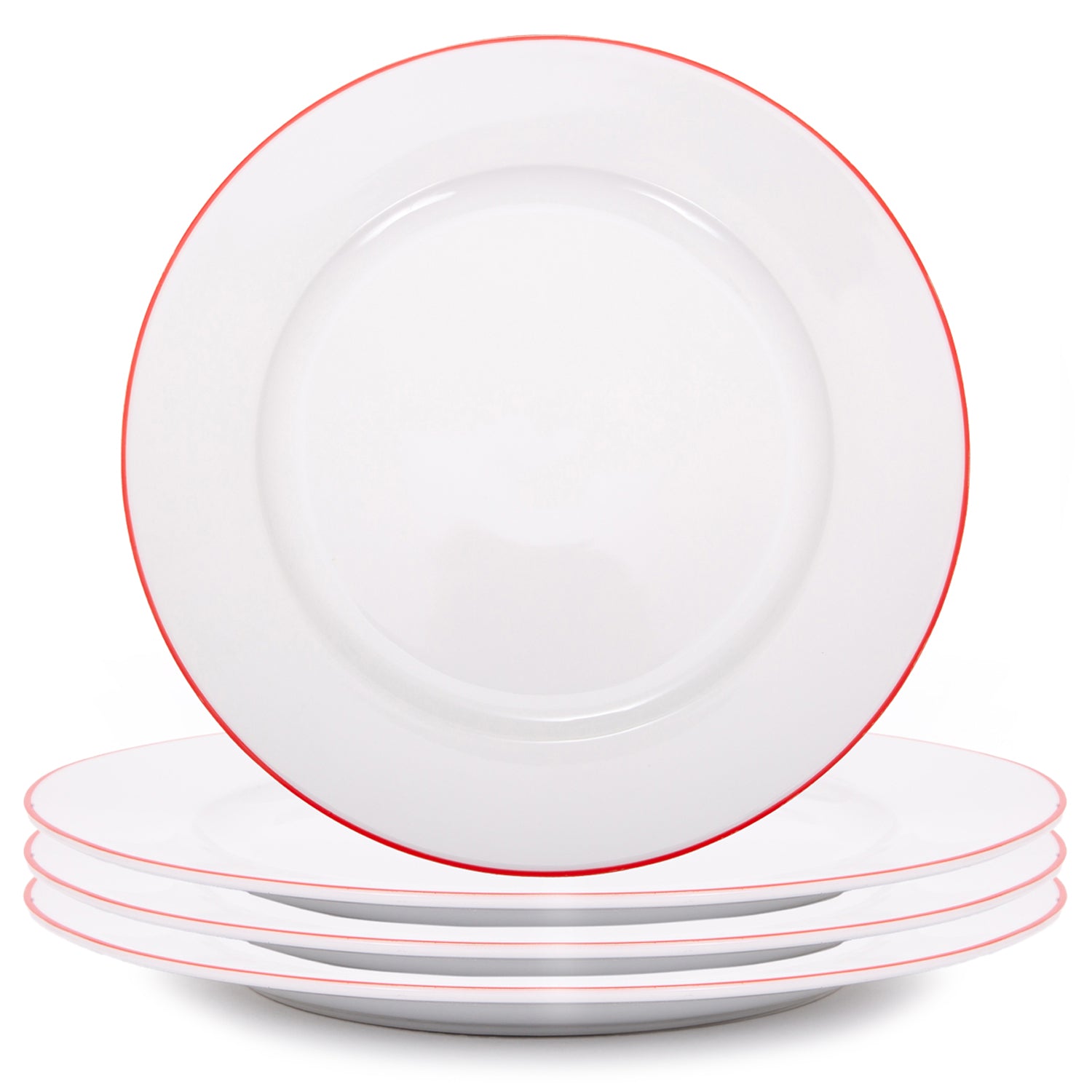 Set of 4 Durable White Ceramic Dinner Plates with Elegant Red Rim Image 1