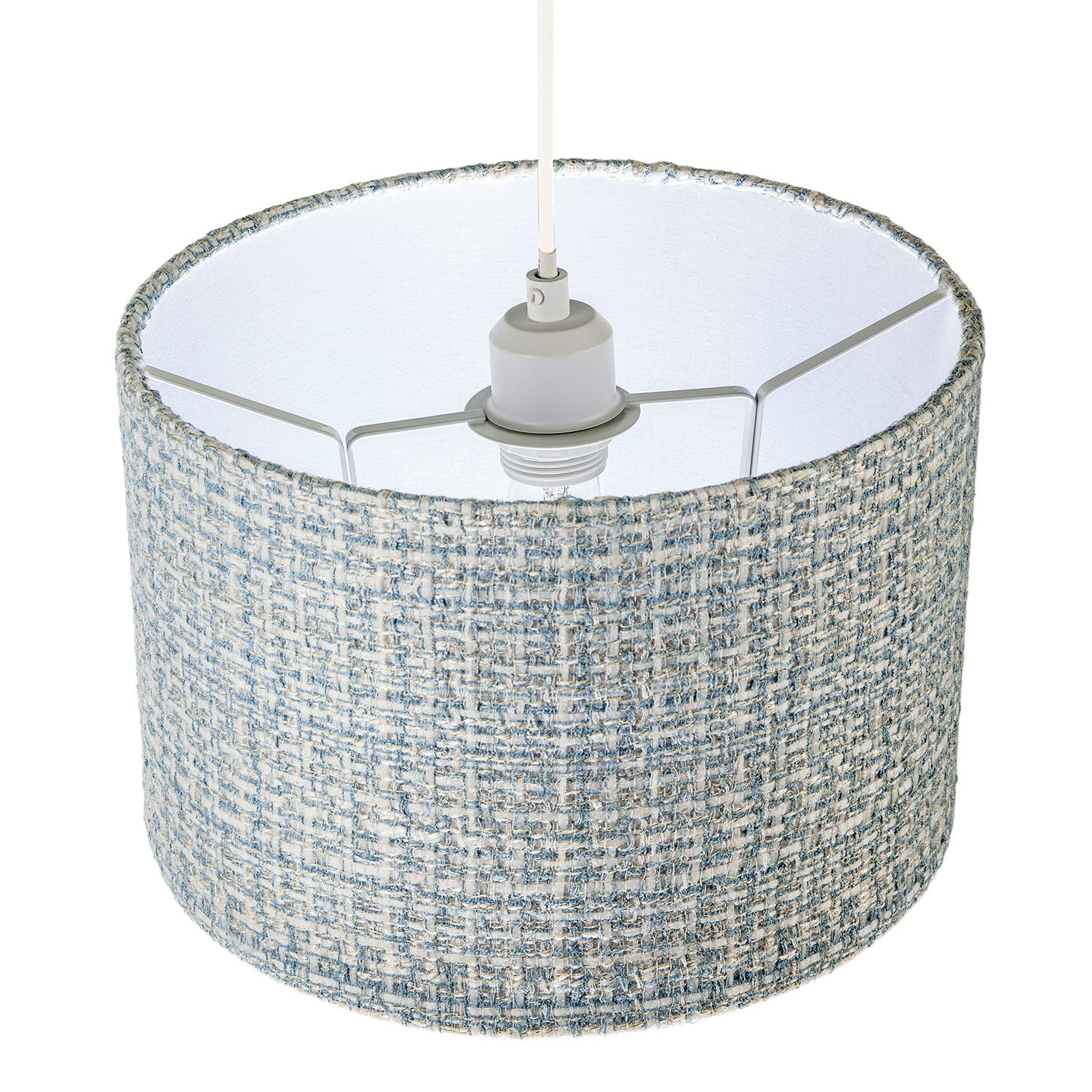 Modern drum Lamp Shade Upholstered in Soft Woven Boucle Style Fabric Image 3