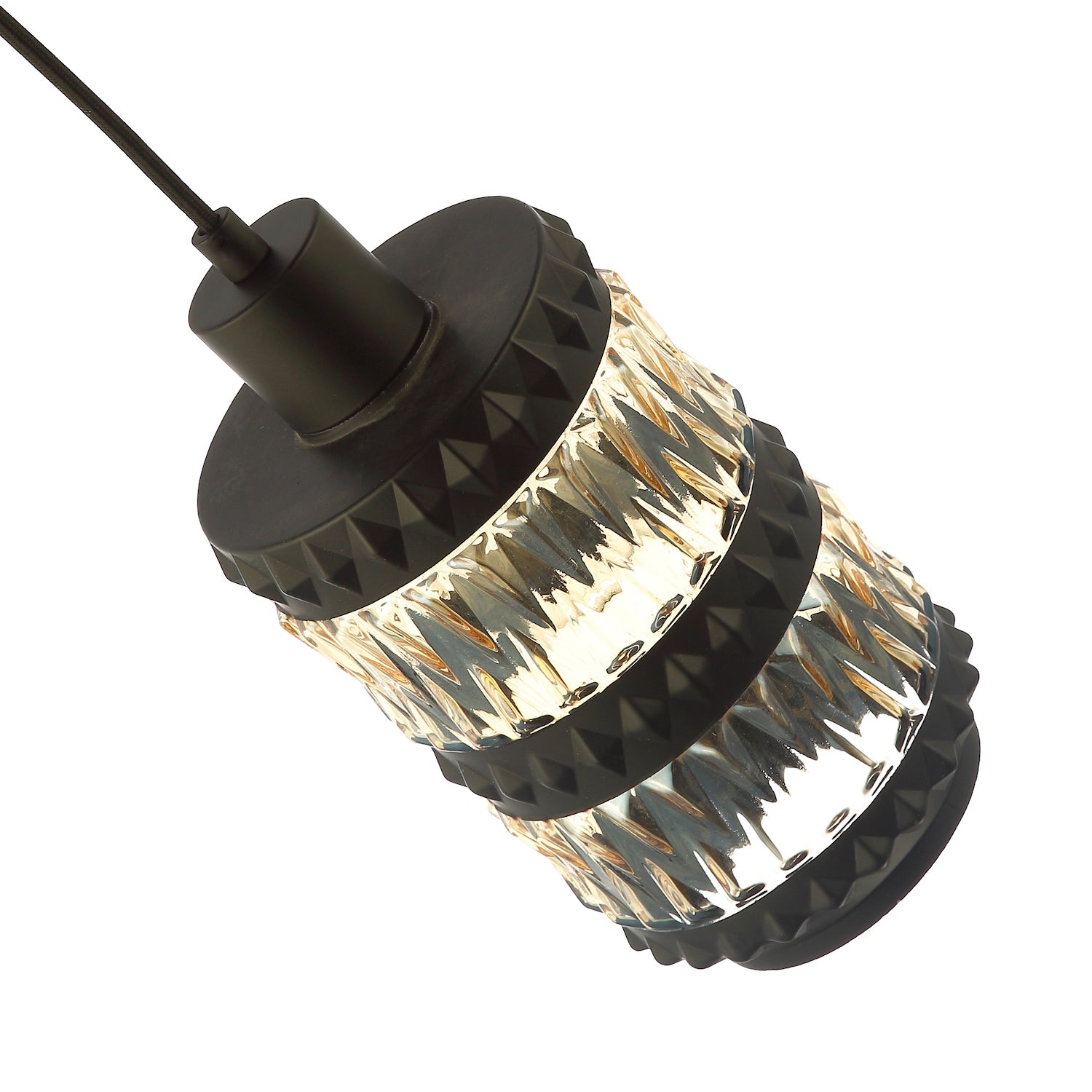 Traditional Can Shaped Pendant Shade in Matte Black with Amber Glass Sections Image 4