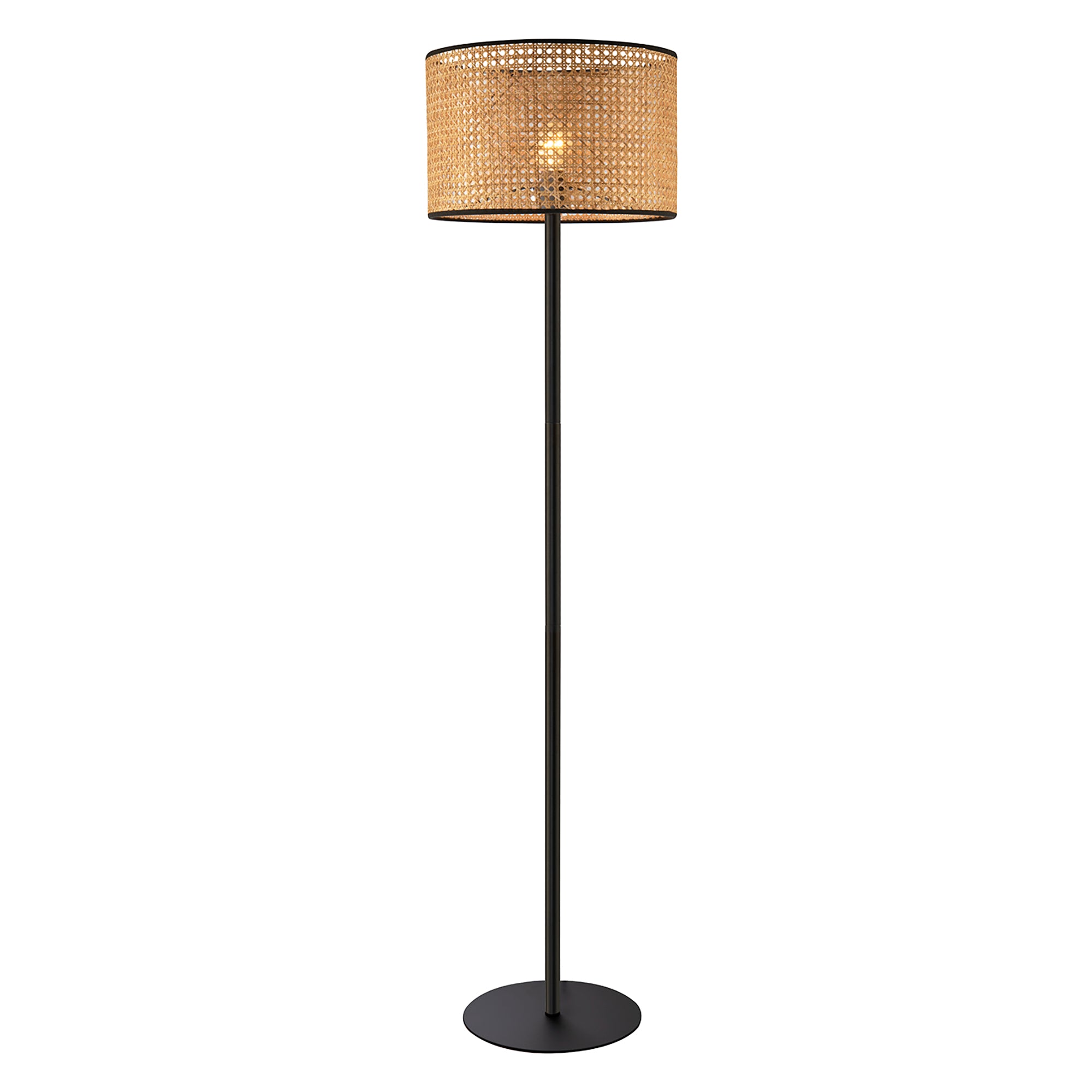 Classic Standing Floor Lamp in Matte Black with Circular Rattan Shade Image 1