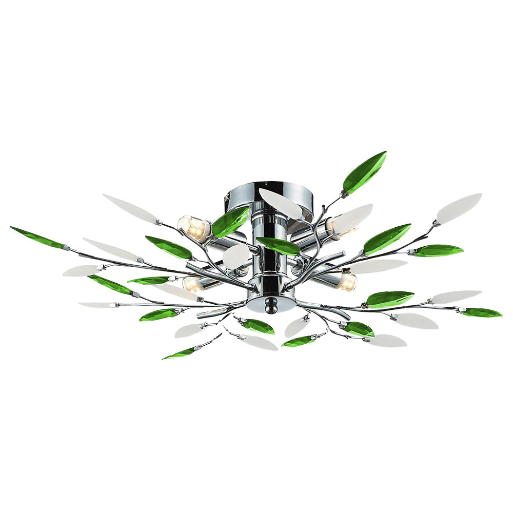 Modern Semi Flush Chrome Ceiling Light Emerald Green & Frosted Leaves