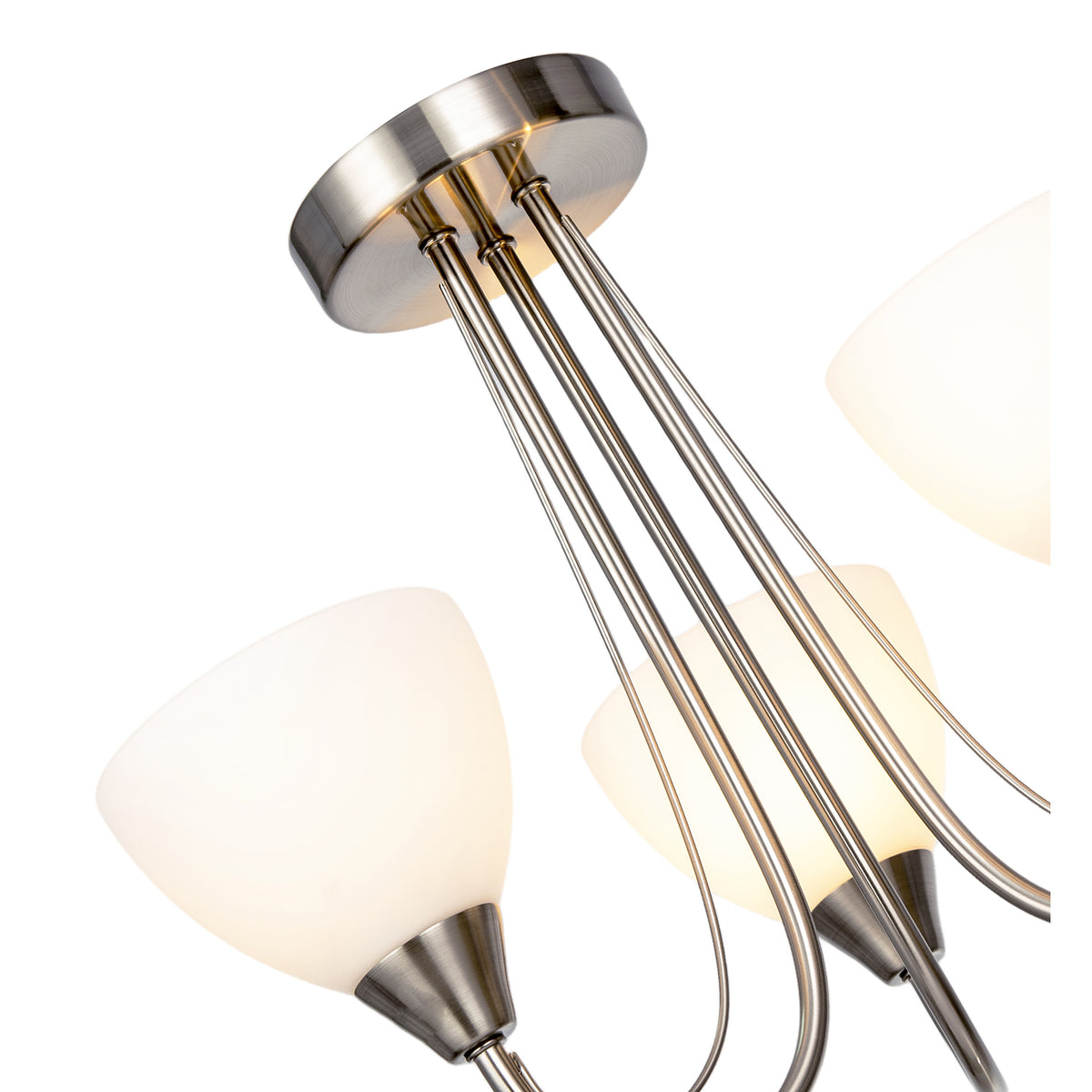 Chic Satin Nickel Three Arm Ceiling Light with Opal White Glass Shades Image 8