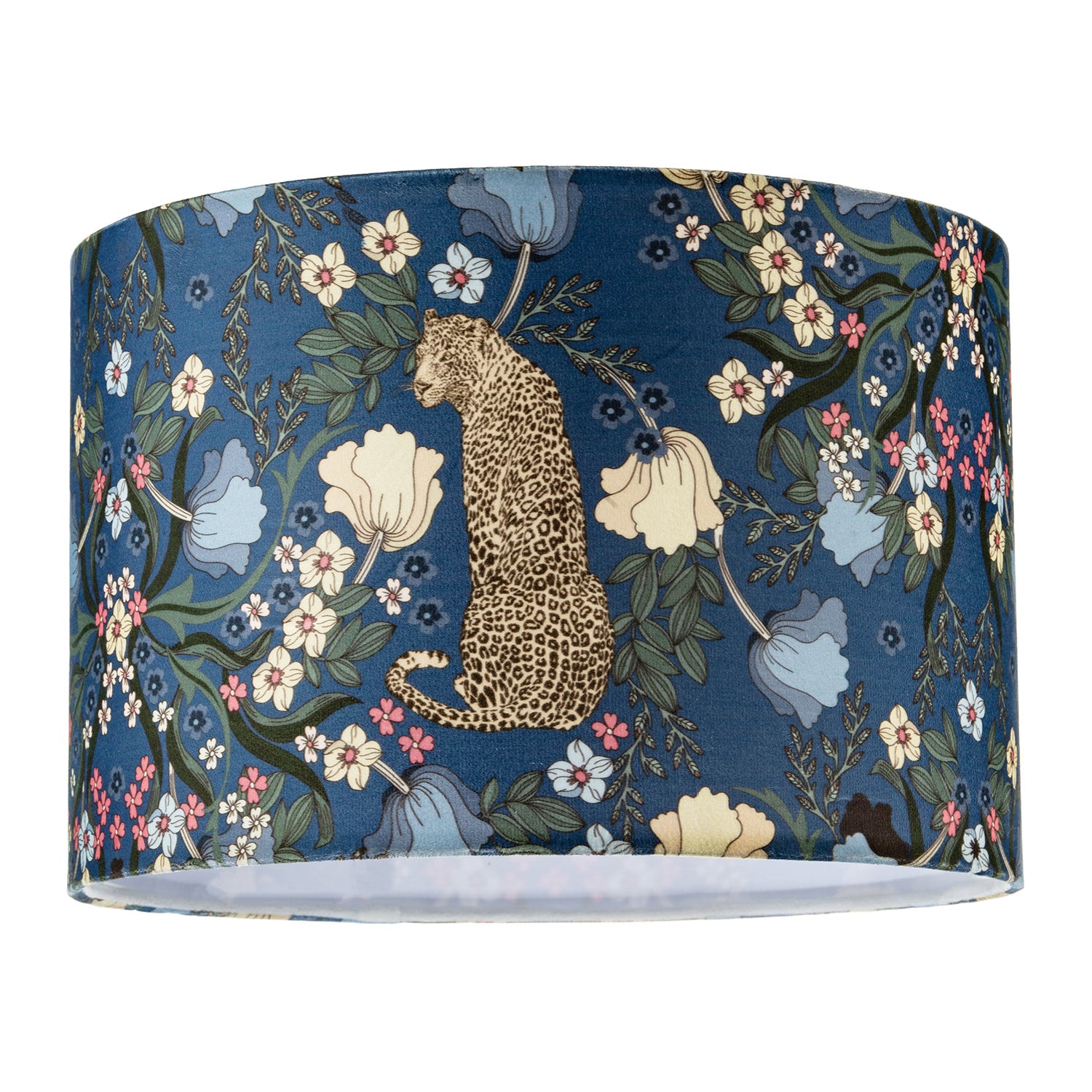 Rich Midnight Blue Lampshade with Leopard and Botanical Foliage Design Image 1