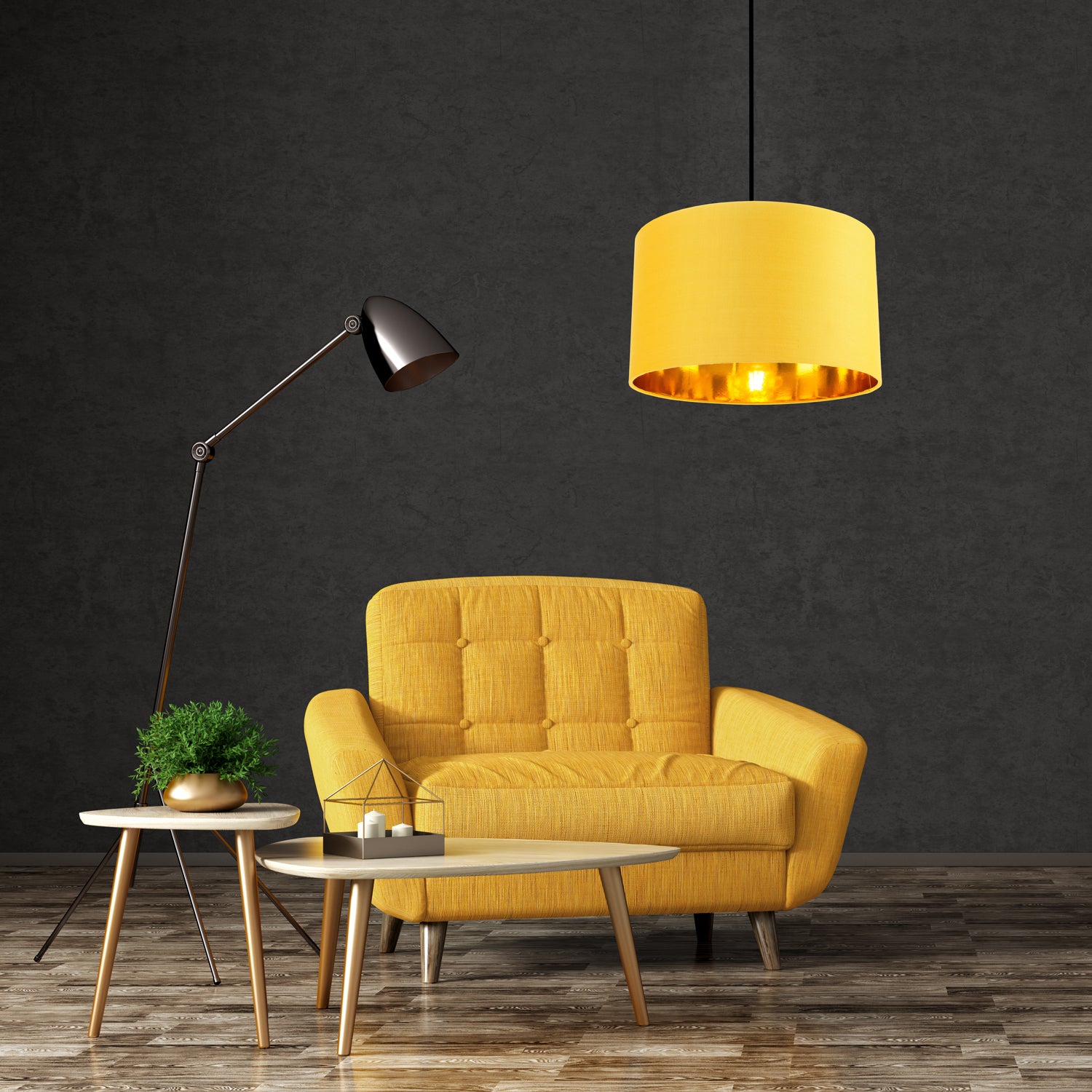 Contemporary Ochre Cotton 14" Table/Pendant Lamp Shade with Shiny Gold Inner Image 5