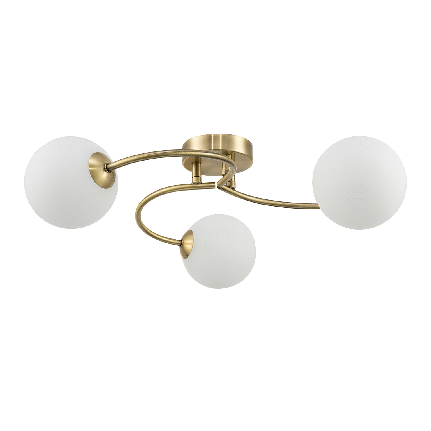 Modern 3-Arm Antique Brass Ceiling Light with Opal Swirl Glass Spherical Shades Image 1