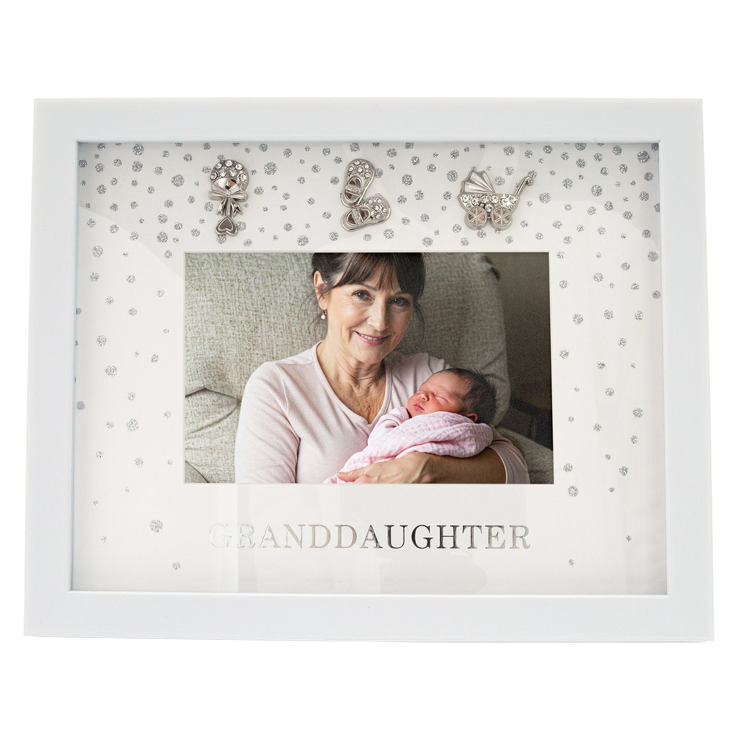 Modern Granddaughter 4x6 White Frame with Silver Foil Falling Dots Image 3