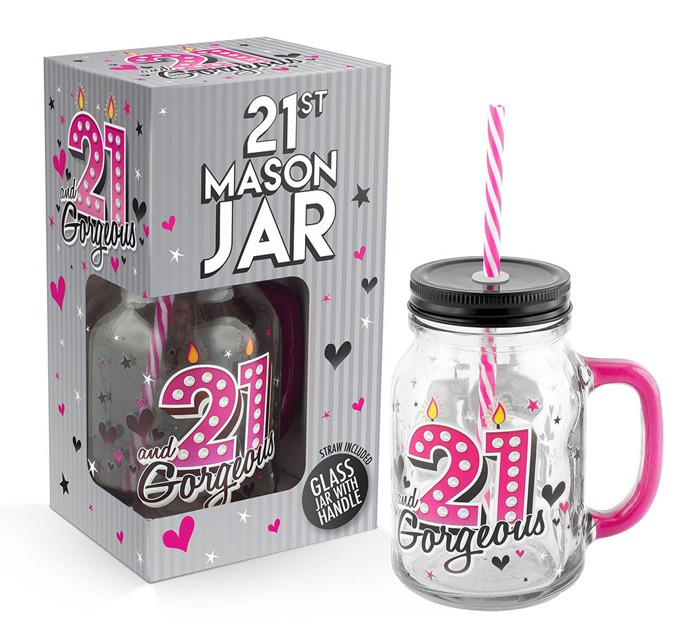 21st Birthday Mason Jar With Metal Lid Glass Handle and Pink/White Straw Image 1