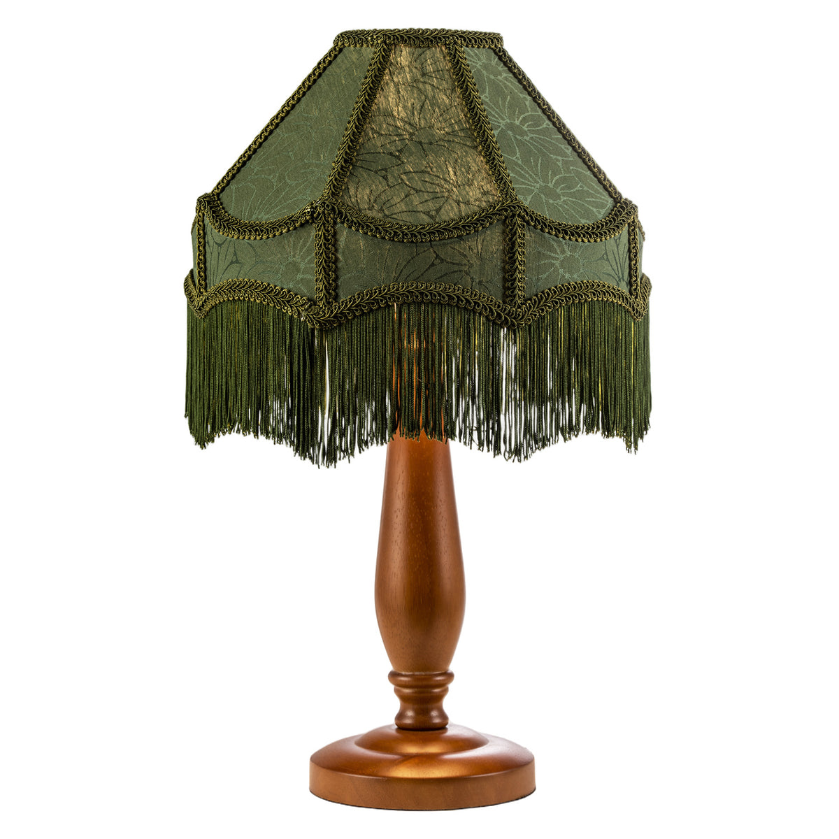 Classic Oak Wooden Table Lamp with Green Velvet Victorian Style Shade Image 2