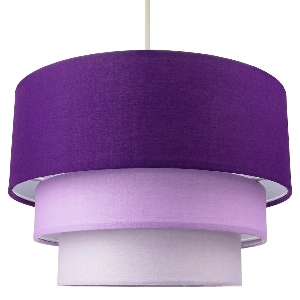 Contemporary Round Triple Tier Purple Lilac Cotton Fabric Pendant Light Shade