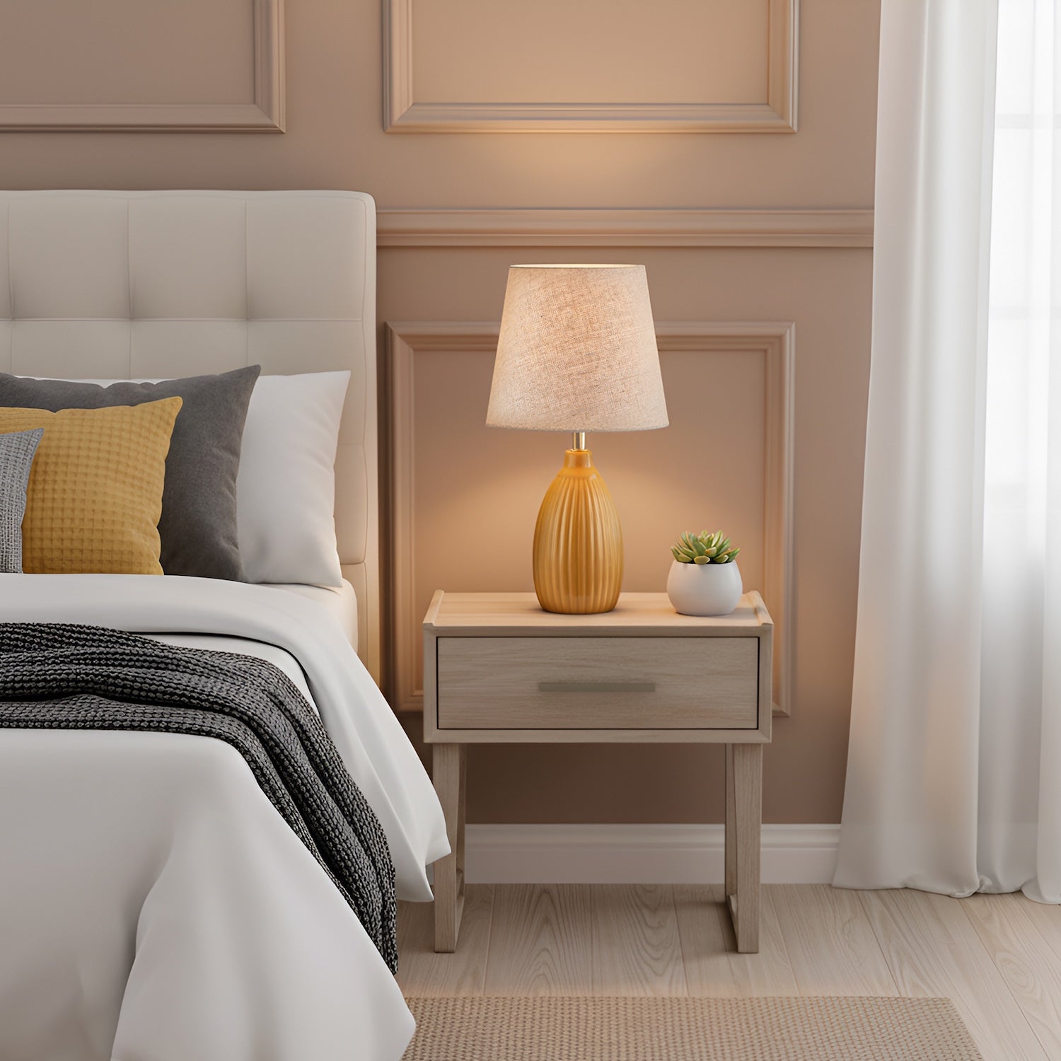 Mustard Etched Lined Ceramic Gloss Table Lamp with Linen Fabric Shade Image 6