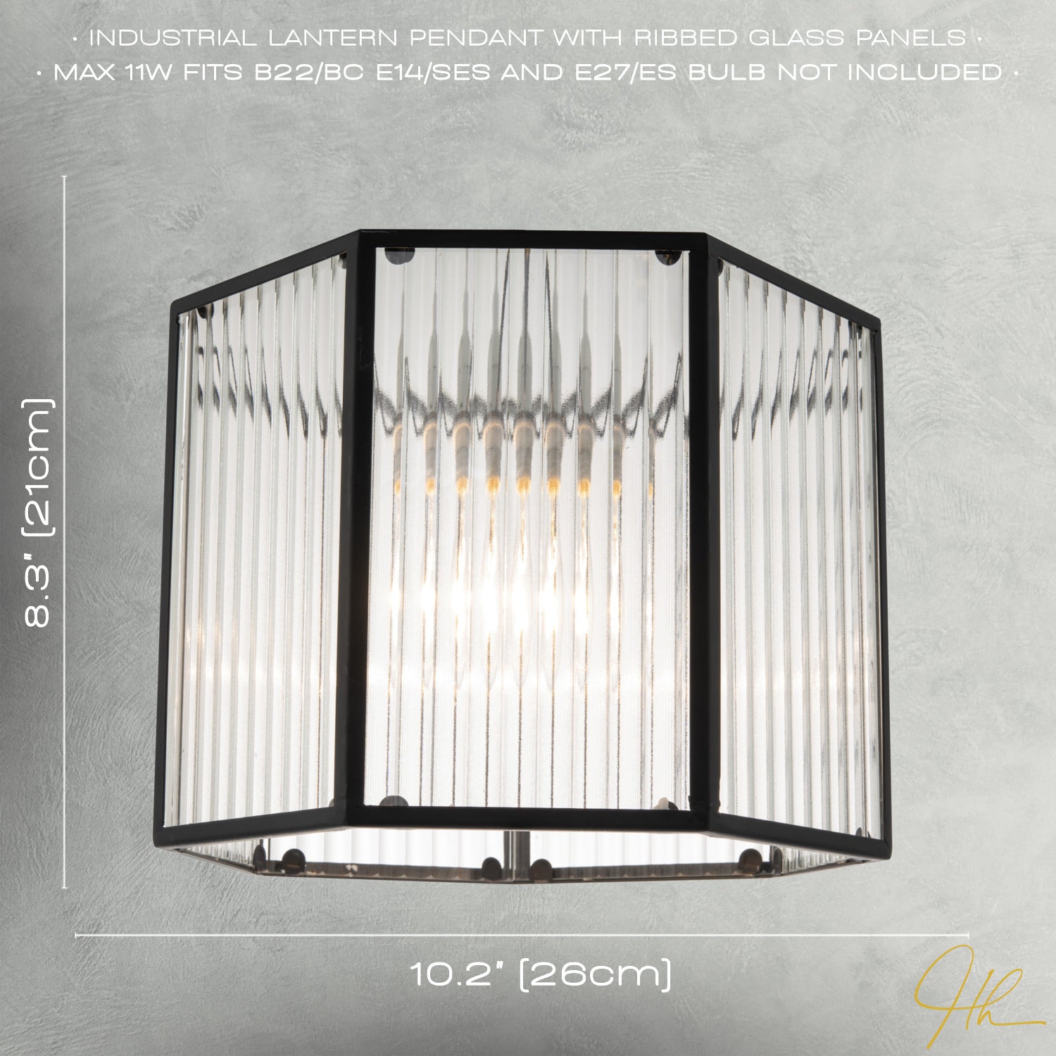 Vintage Industrial Lantern Pendant Shade in Black with Ribbed Glass Image 6