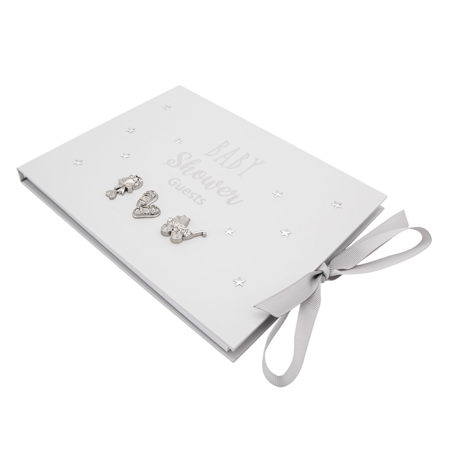 Grey Baby Shower Guest Book with Silver Plated Rattle Pram and Booties Image 2