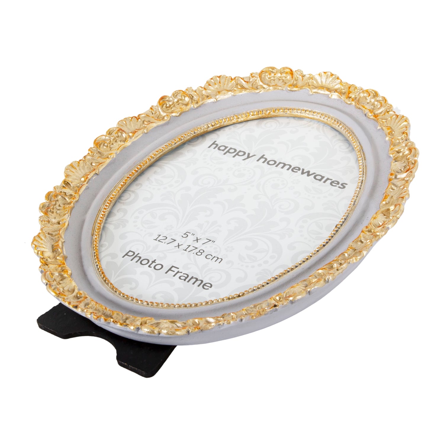 Vintage and Traditional Painted Grey and Brushed Gold Resin Oval 5x7 Photo Frame Image 5