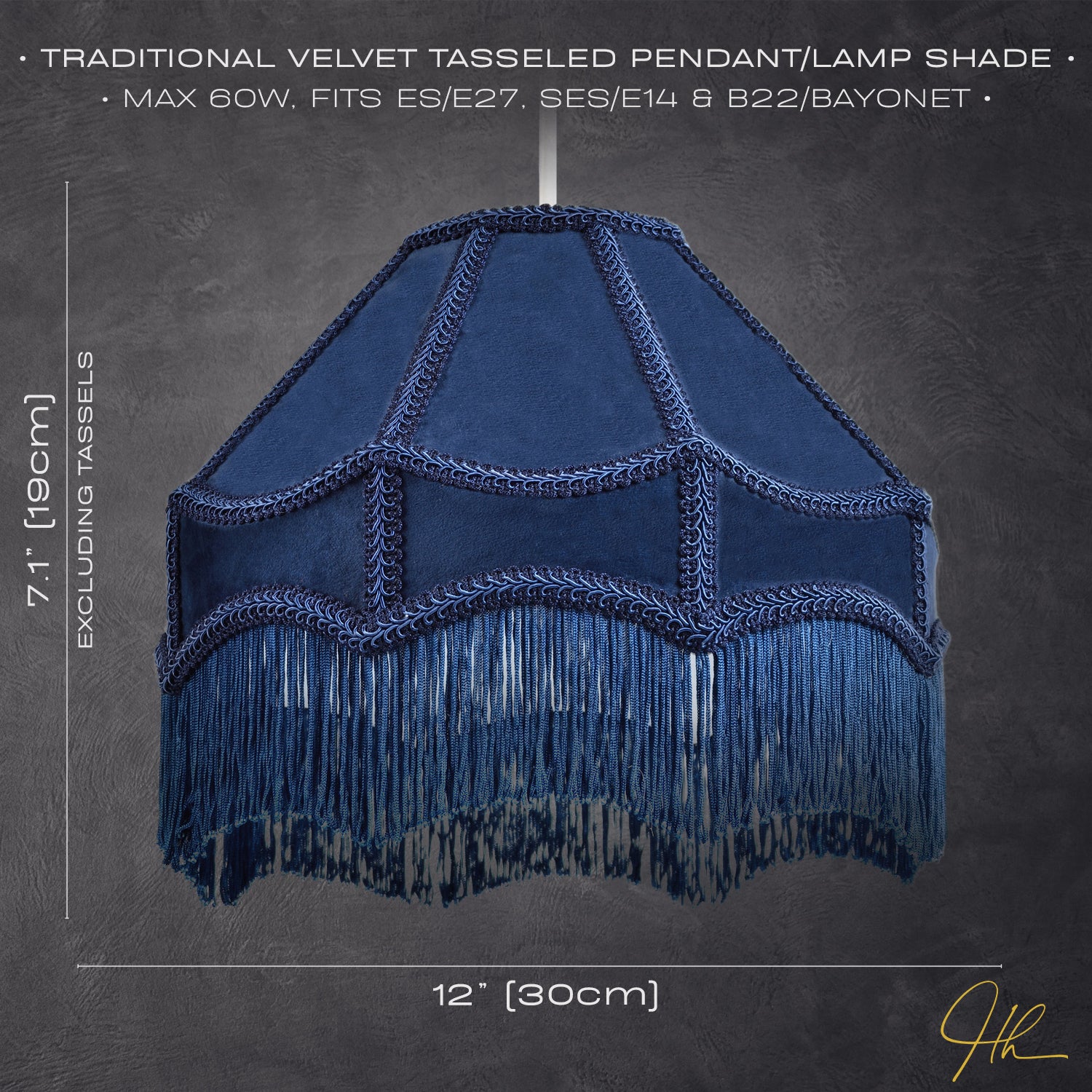 Traditional Victorian Empire Lampshade in Midnight Blue Velvet with Tassels Image 7