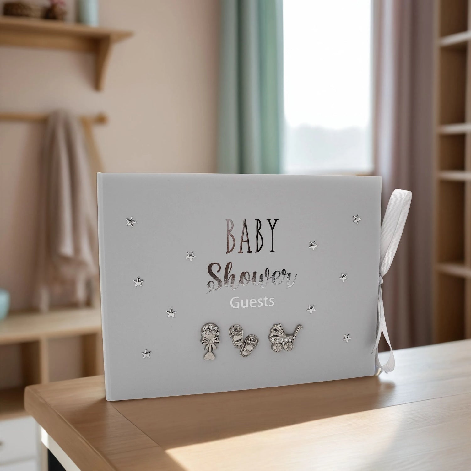 Grey Baby Shower Guest Book with Silver Plated Rattle Pram and Booties Image 7