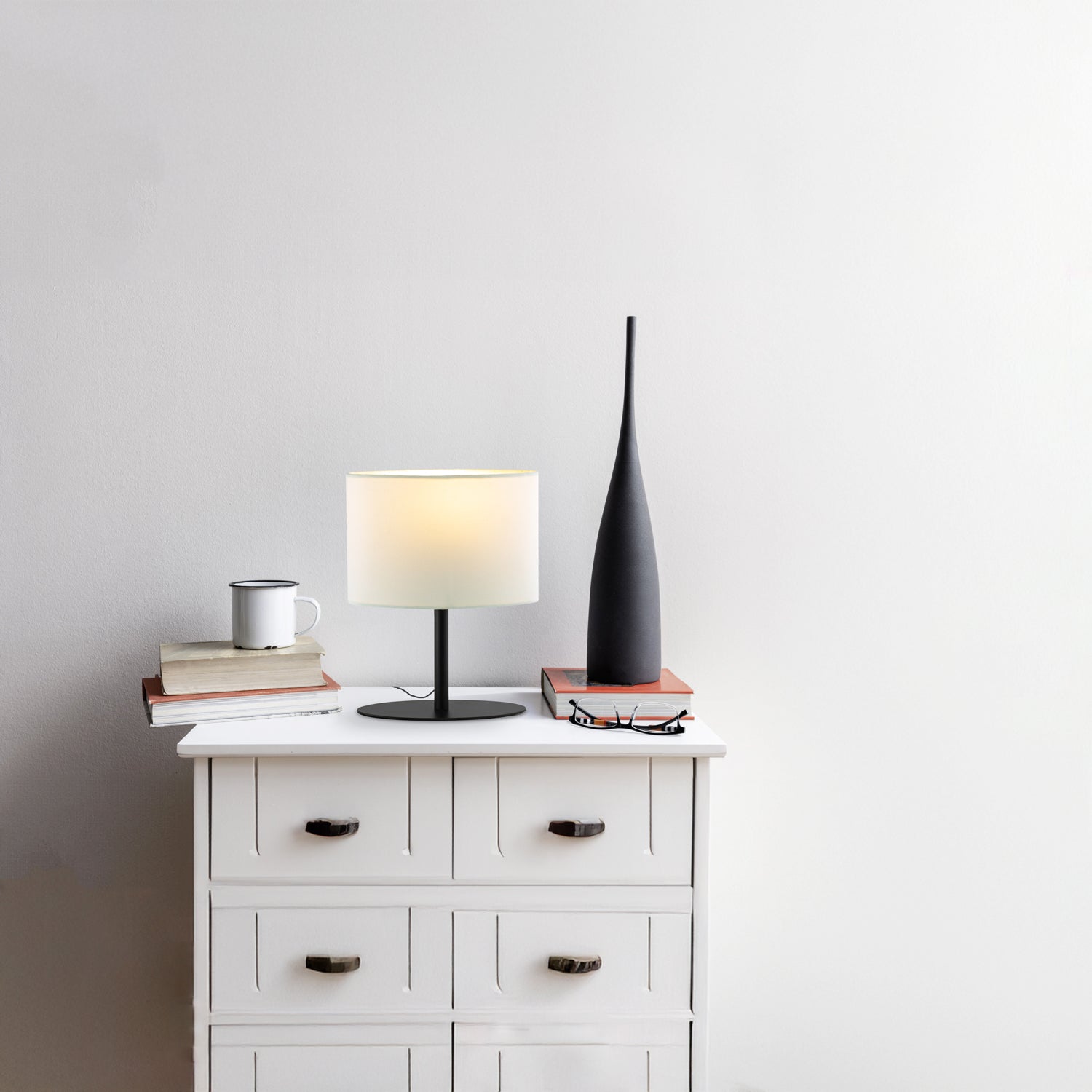 Modern Designer Oval Table Lamp in Matte Black with Off-White Fabric Shade Image 7