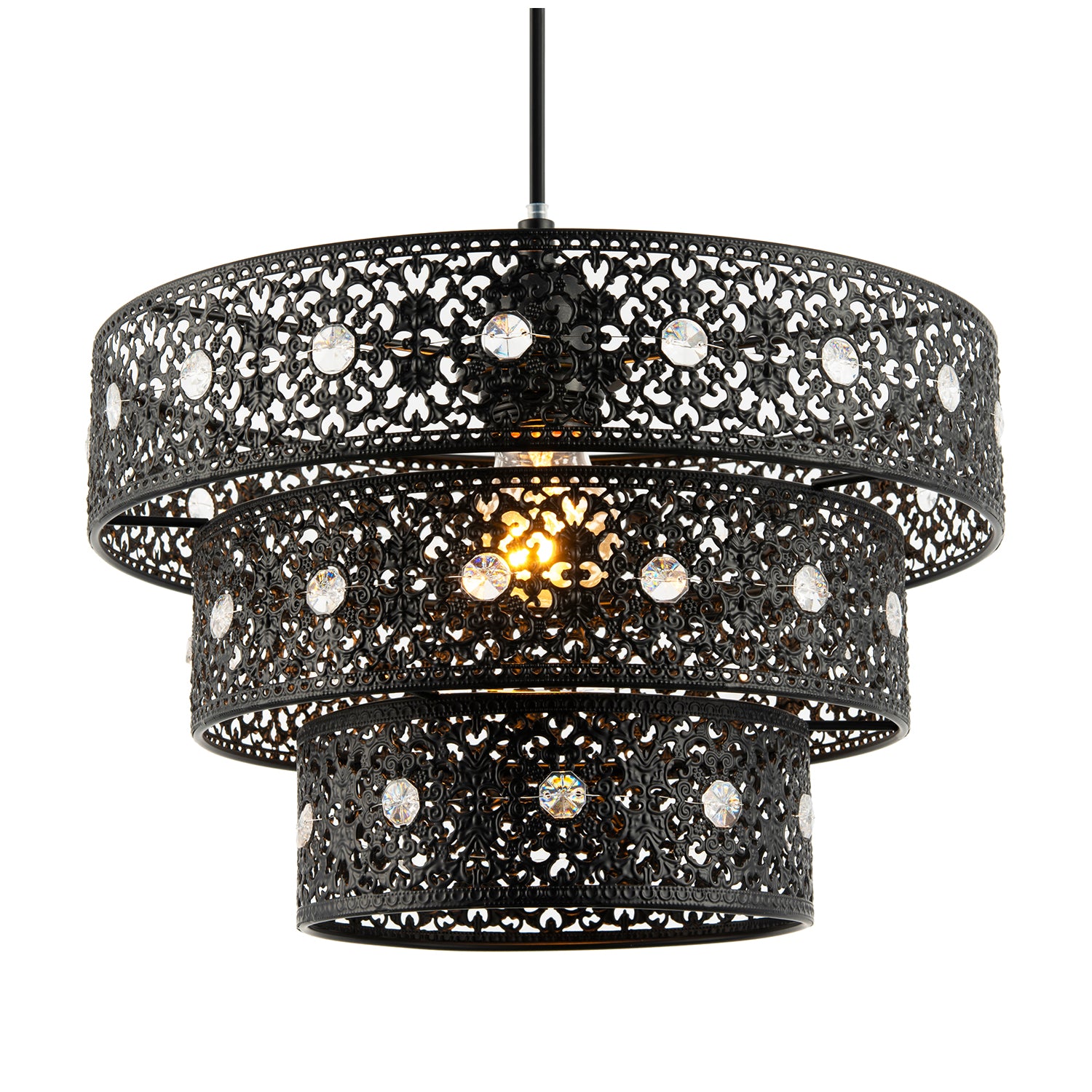 Matte Black Acrylic Gem Moroccan Style Triple Tier Pendant Lamp Shade Image 2