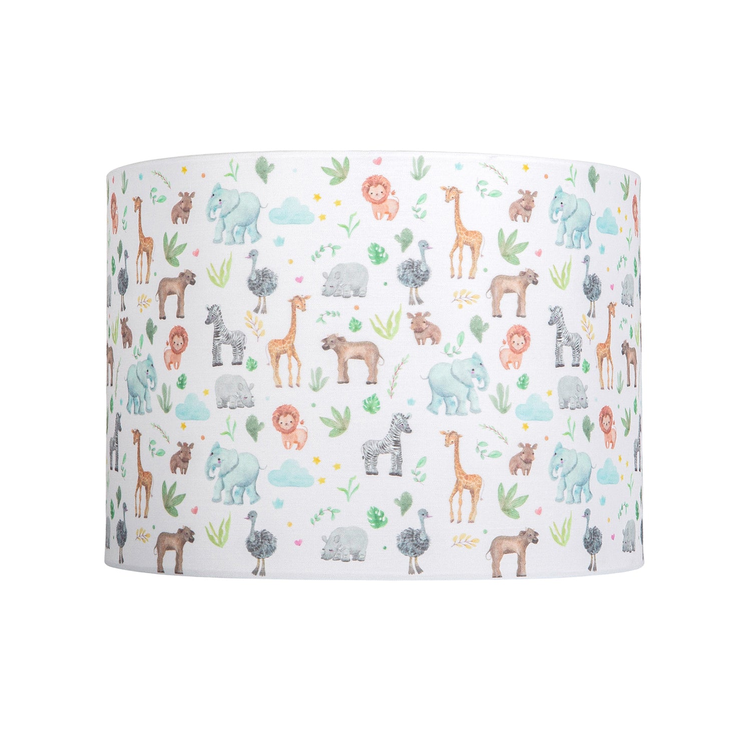 Safari Themed White Cotton Lamp Shade with Hand Drawn Pastel Coloured Animals Image 1