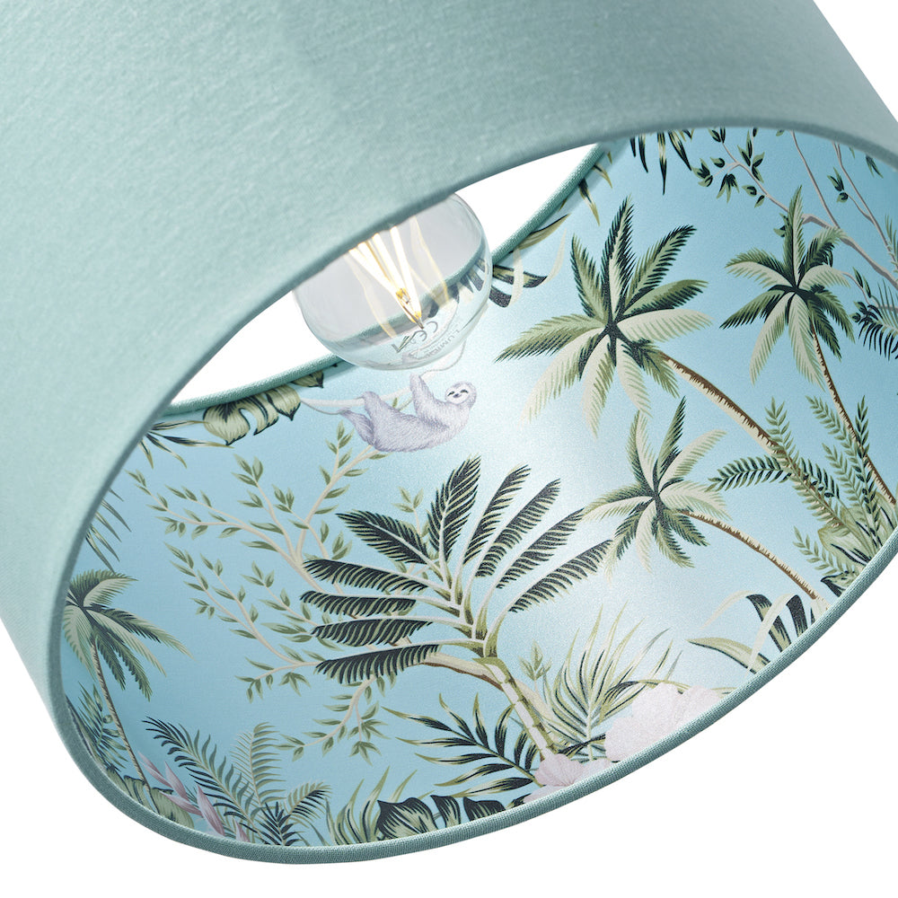 Designer Jungle Print Duck Egg Lamp Shade with Palm Trees, Sloths and Elephants Image 4