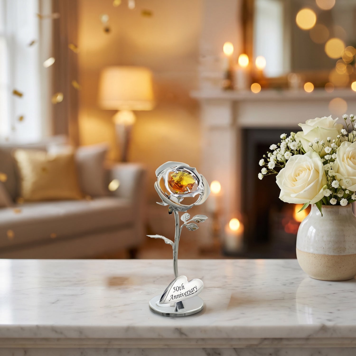 Modern "50th Anniversary" Silver Plated Flower with Gold Swarovski Crystal Glass Image 6