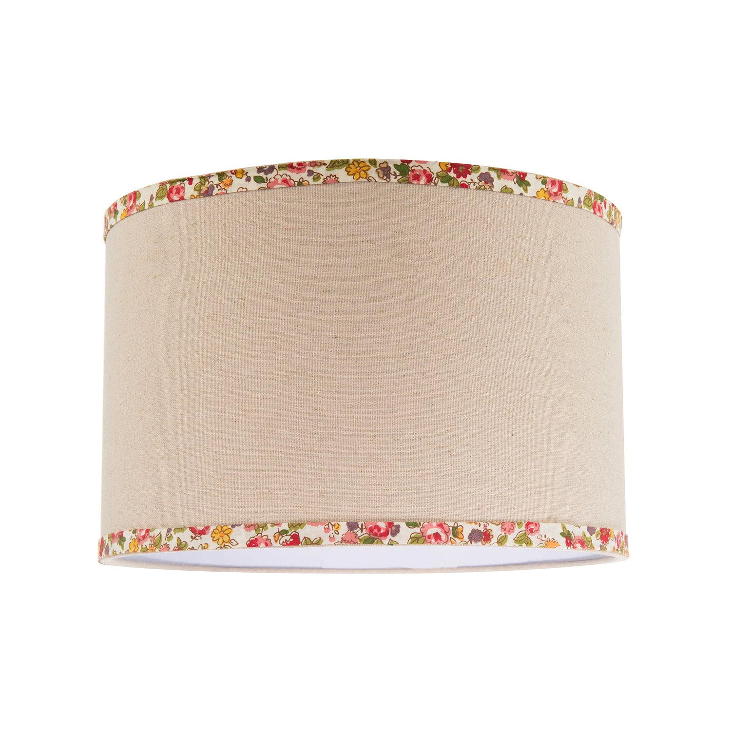 Natural Oatmeal Linen Circular Lamp Shade with Colourful Floral Trims Image 1