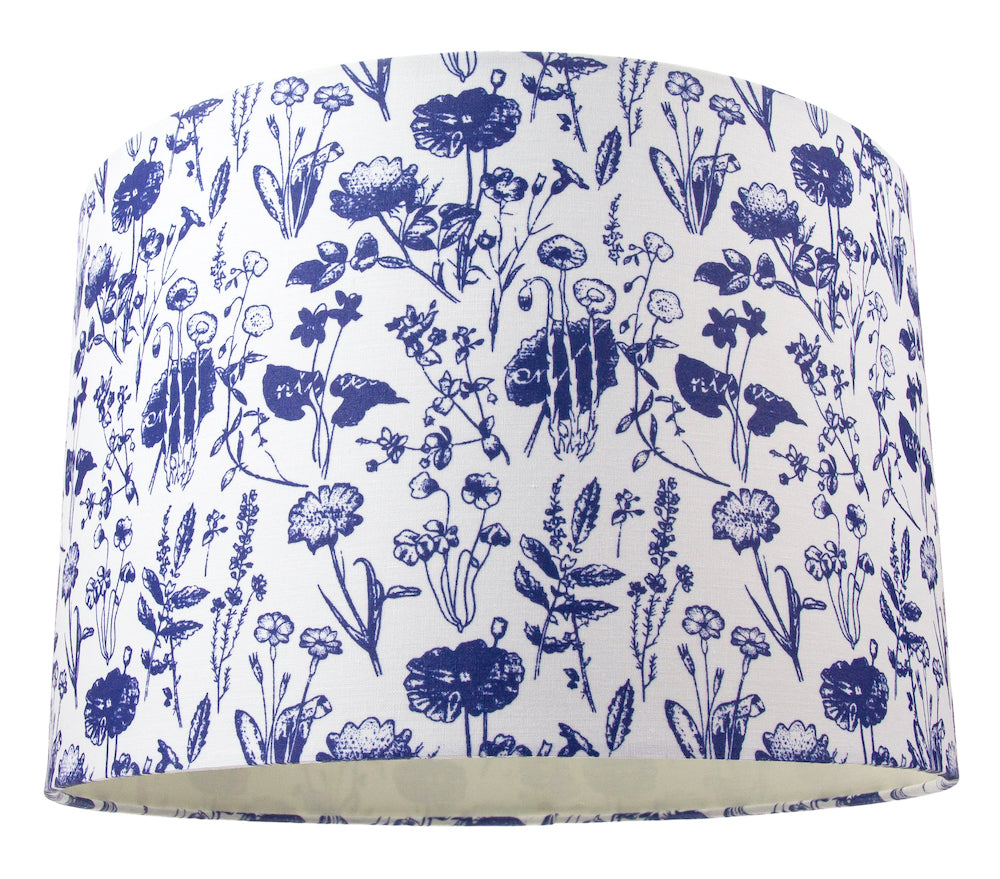 White Cotton 12" Drum Lamp Shade with Blue Floral Decoration and Inner Lining Image 1