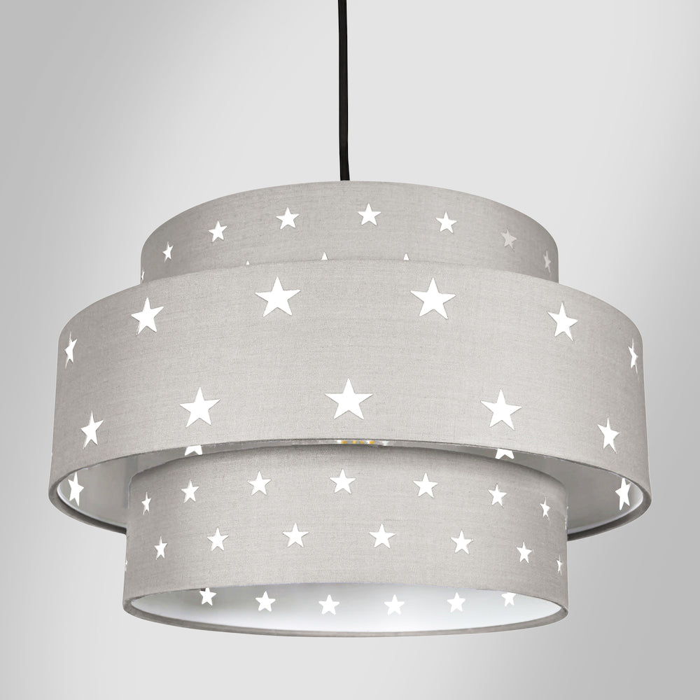 Triple Tier Midnight Grey Cotton Fabric Childrens Pendant Shade with Stars Decor Image 5