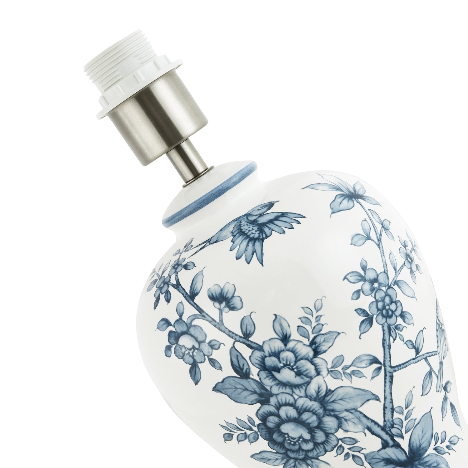 Traditional White Gloss Ceramic Lamp Base with Navy Blue Floral and Bird Decor Image 2