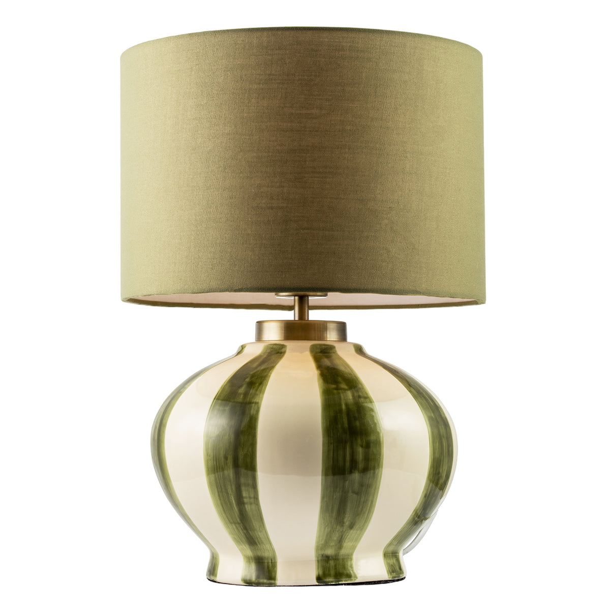 Hand Brushed Olive Green Striped Ceramic Table Lamp with Fabric Shade Image 2