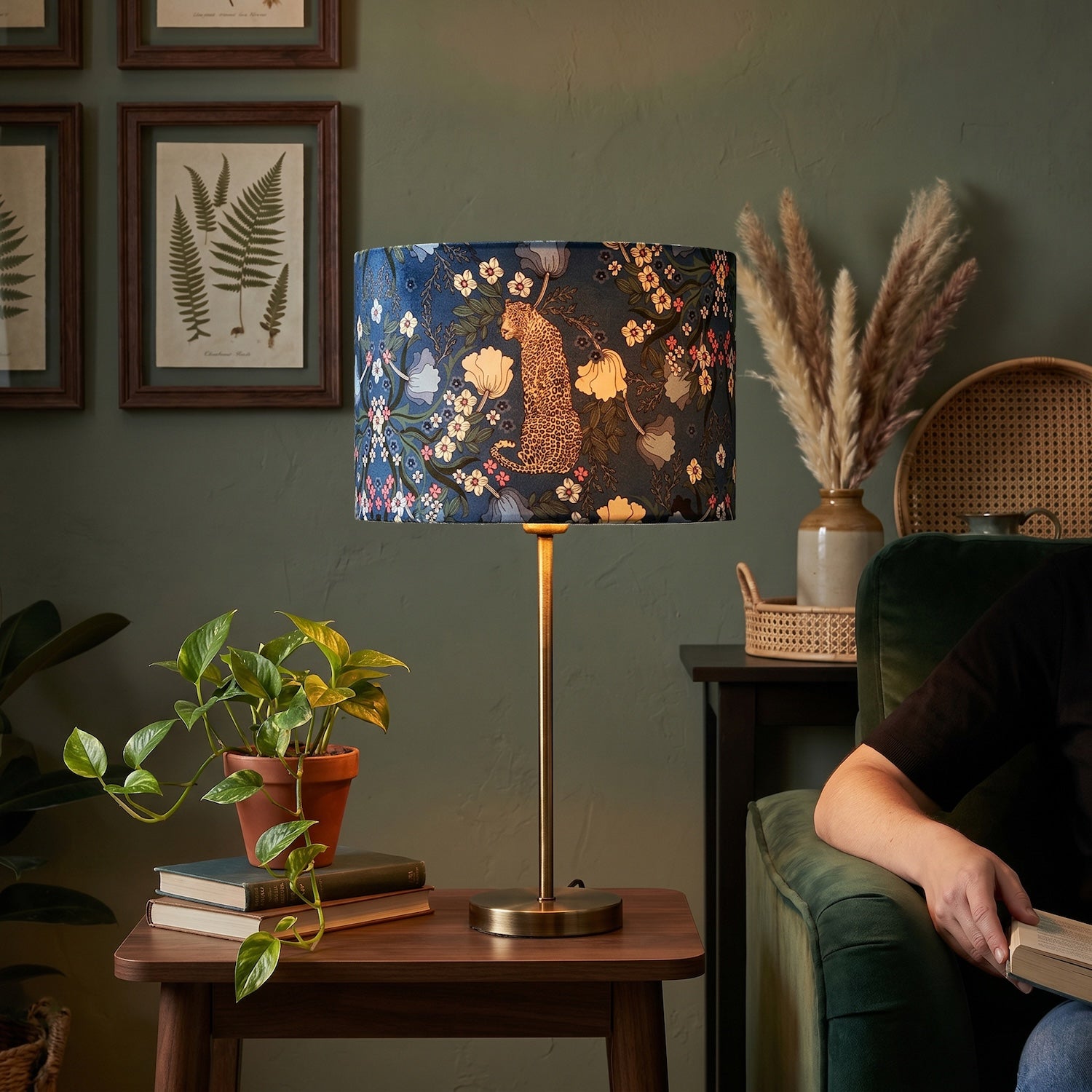 Rich Midnight Blue Lampshade with Leopard and Botanical Foliage Design Image 6