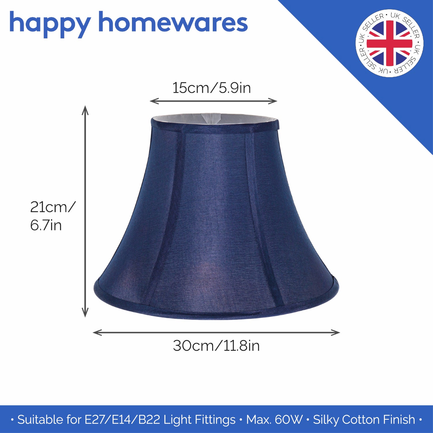 Traditional Empire Shaped 12 Inch Lamp Shade in Rich Silky Navy Cotton Fabric Image 6