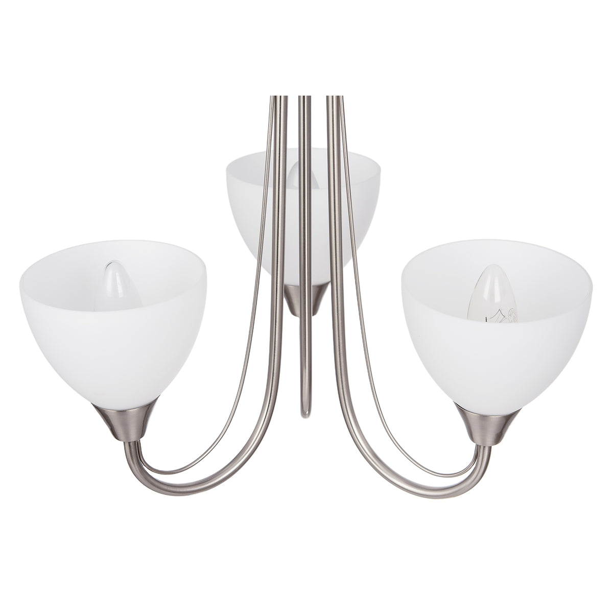 Chic Satin Nickel Three Arm Ceiling Light with Opal White Glass Shades Image 4