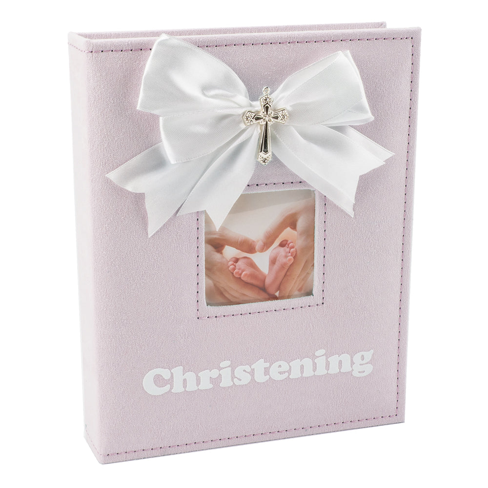 White Faux-Silk Bow and Silver Plated Cross Christening Photo Album in Pink Image 1