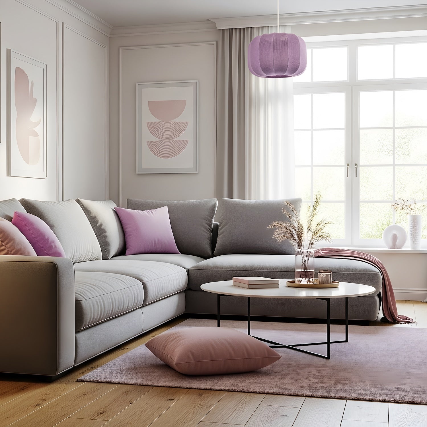 Modern Pendant Lamp Shade with Soft Elasticated Fabric Lilac Covering Image 6