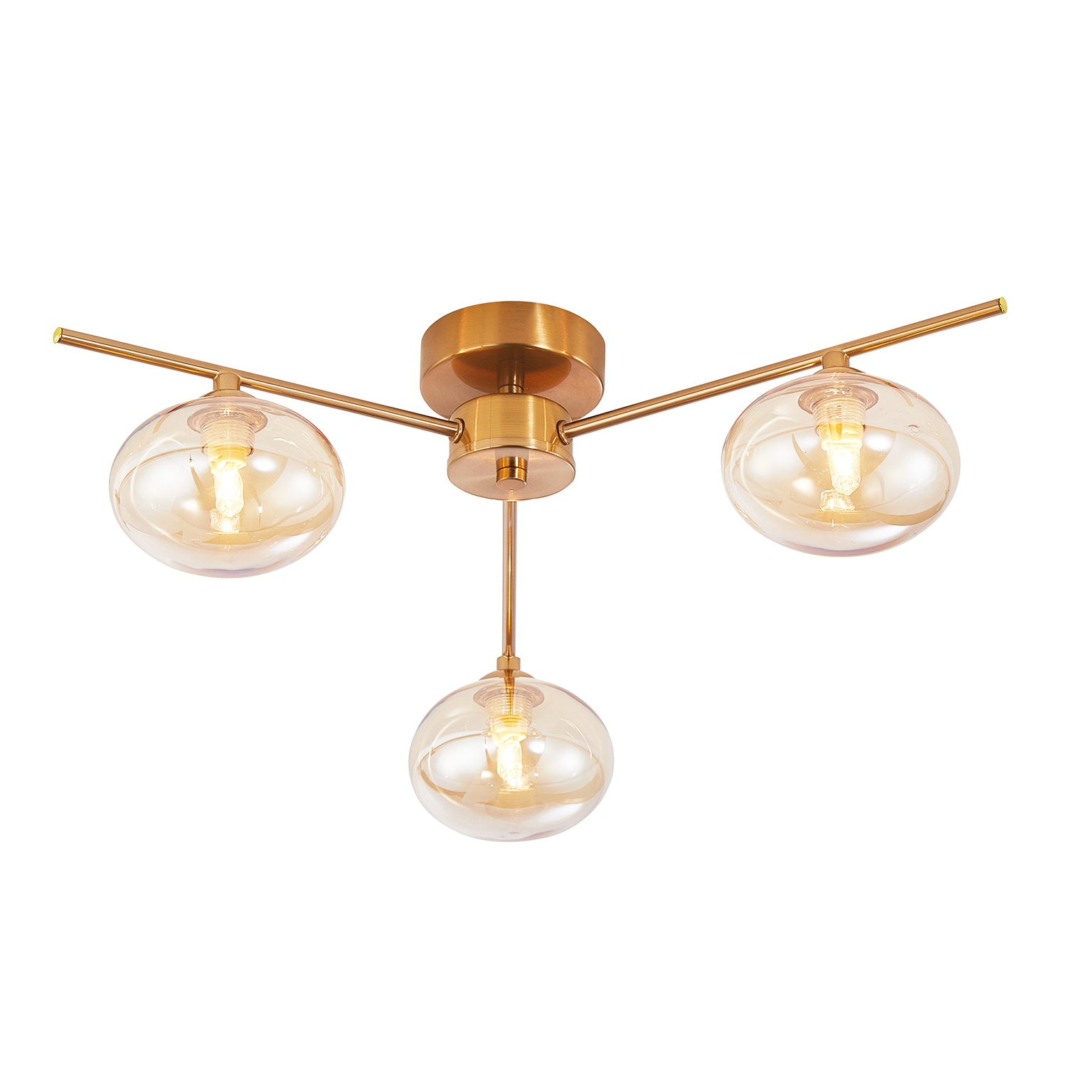 Modern Triple Branch Satin Brass Ceiling Light Fitting with Amber Glass Shades Image 1