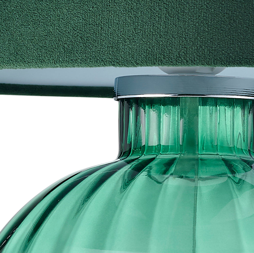 Contemporary Emerald Ribbed Glass Table Lamp with Forest Green Velvet Shade Image 3